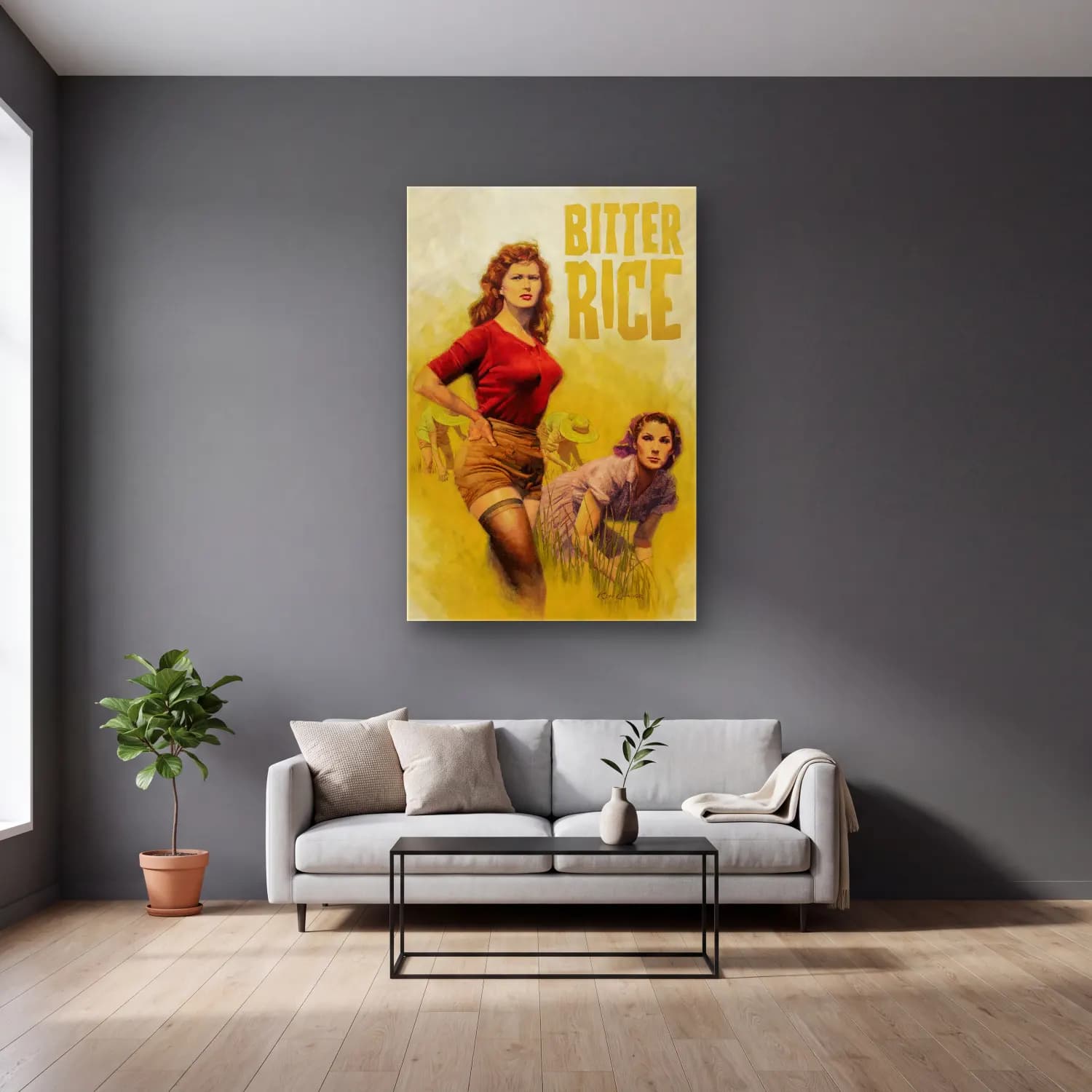 Vintage Poster Buğday Tarlası cam tablo — gri duvarlı salonda