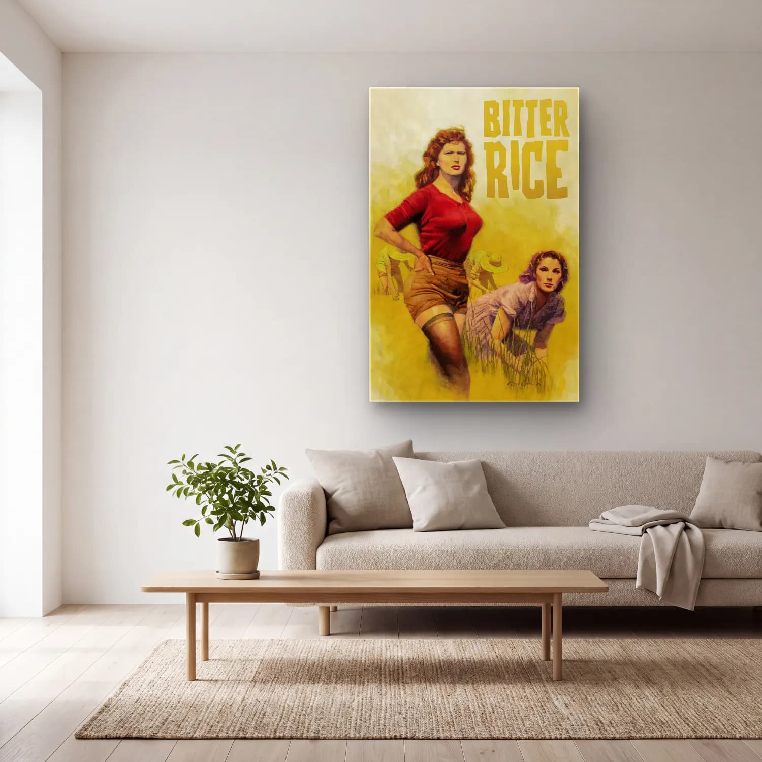 Vintage Poster Buğday Tarlası cam tablo — açık renk salonda