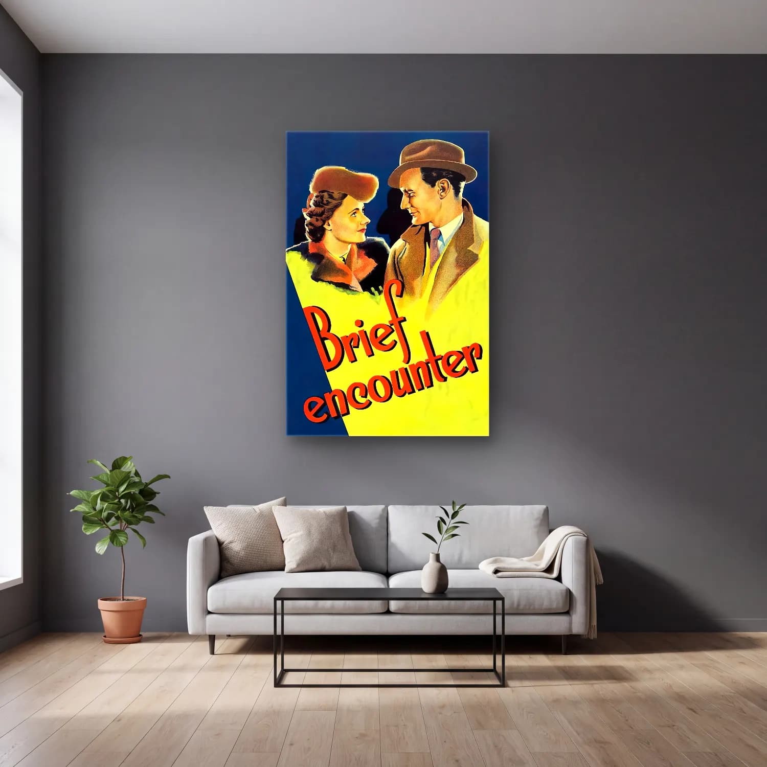 Vintage Poster Şapkalı Kadın No. 19 cam tablo — gri duvarlı salonda