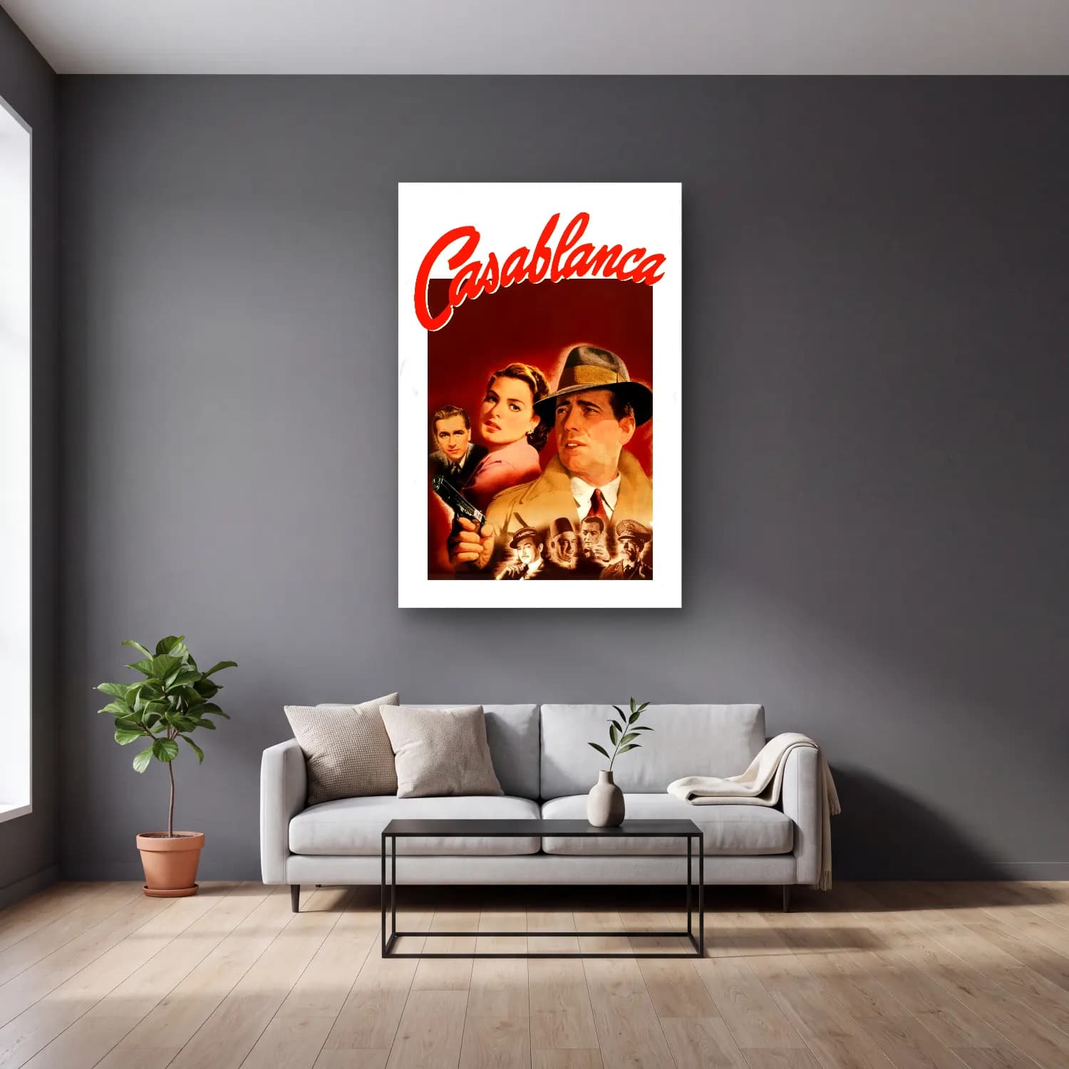 Vintage Poster Kalabalık Cadde No. 7 cam tablo — gri duvarlı salonda