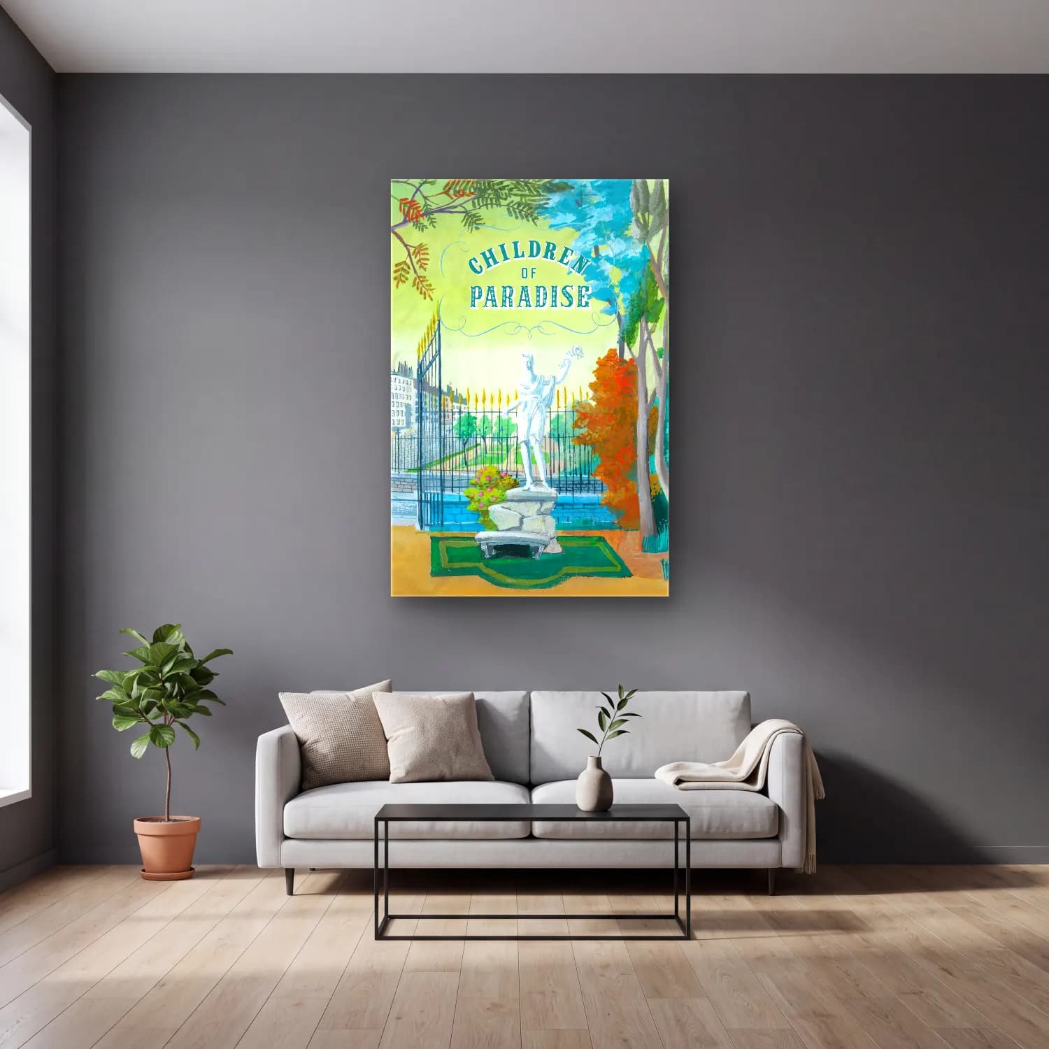 Vintage Poster Şato No. 4 cam tablo — gri duvarlı salonda