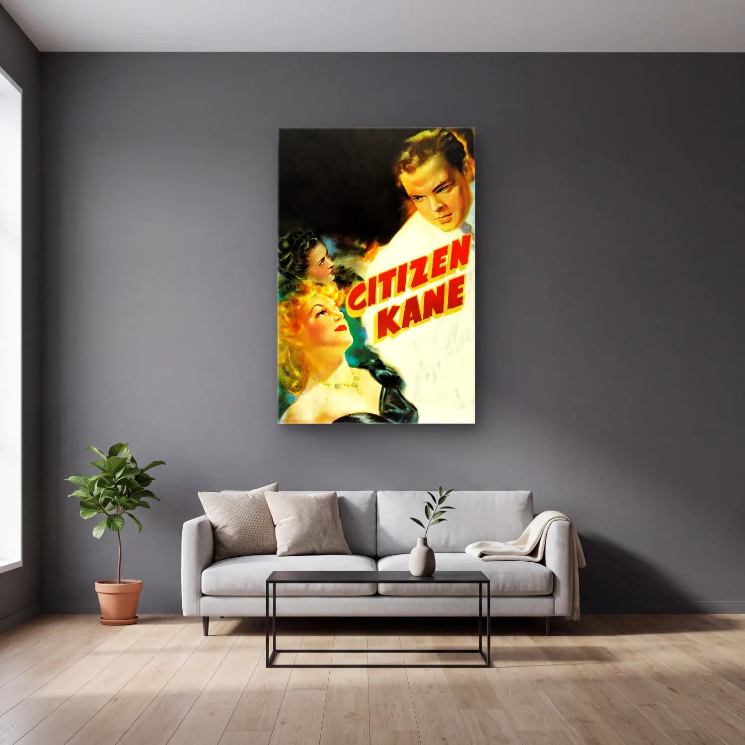 Vintage Poster Kalabalık Cadde – Turuncu Tonlar cam tablo — gri duvarlı salonda