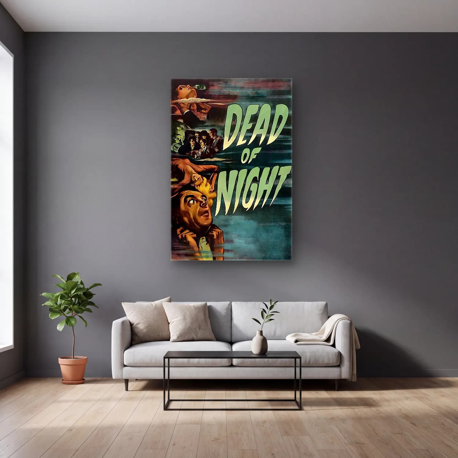 Vintage Poster Gece Şehir No. 2 cam tablo — gri duvarlı salonda
