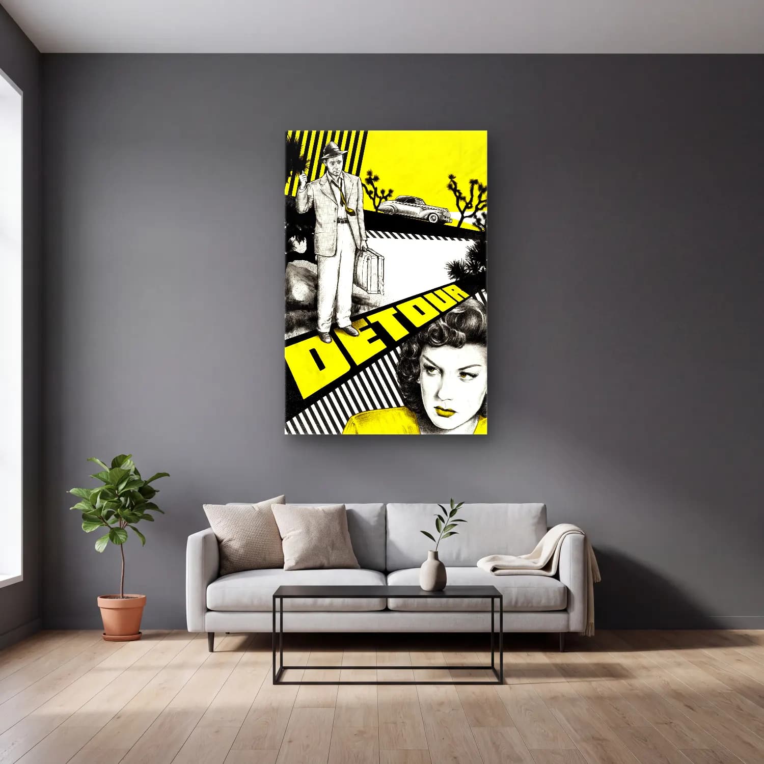 Vintage Poster Klasik Araba No. 3 cam tablo — gri duvarlı salonda