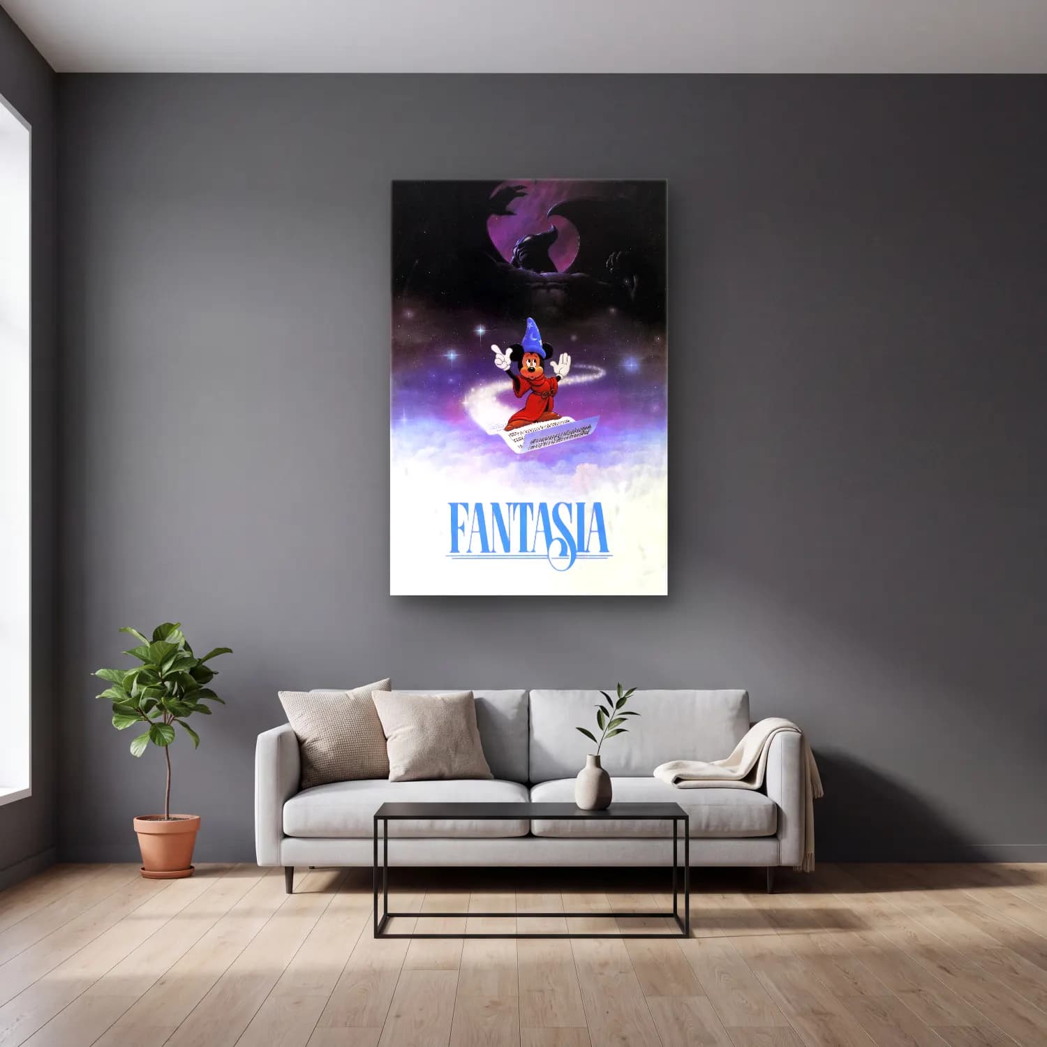 Vintage Poster Şato – Mavi Tonlar cam tablo — gri duvarlı salonda