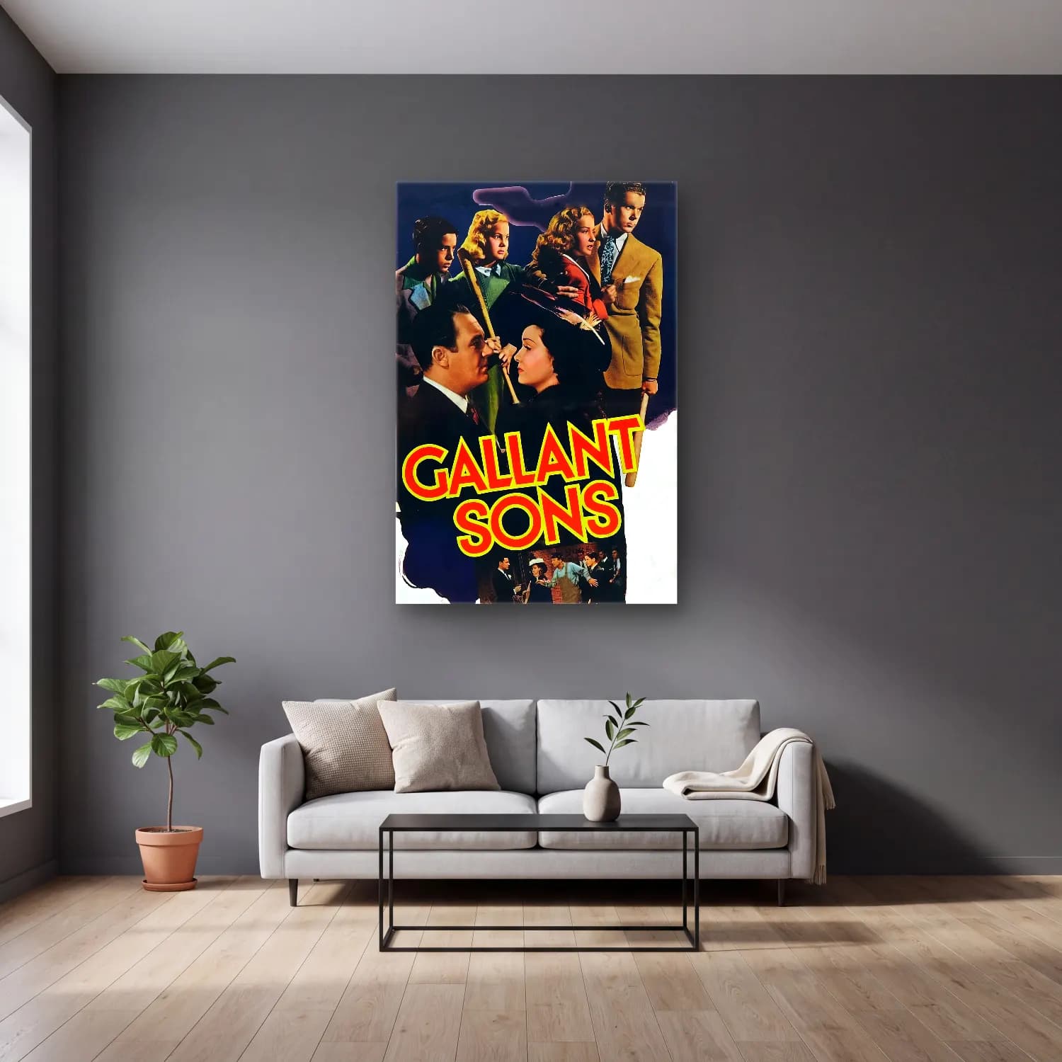 Vintage Poster Dini Sahne No. 4 cam tablo — gri duvarlı salonda
