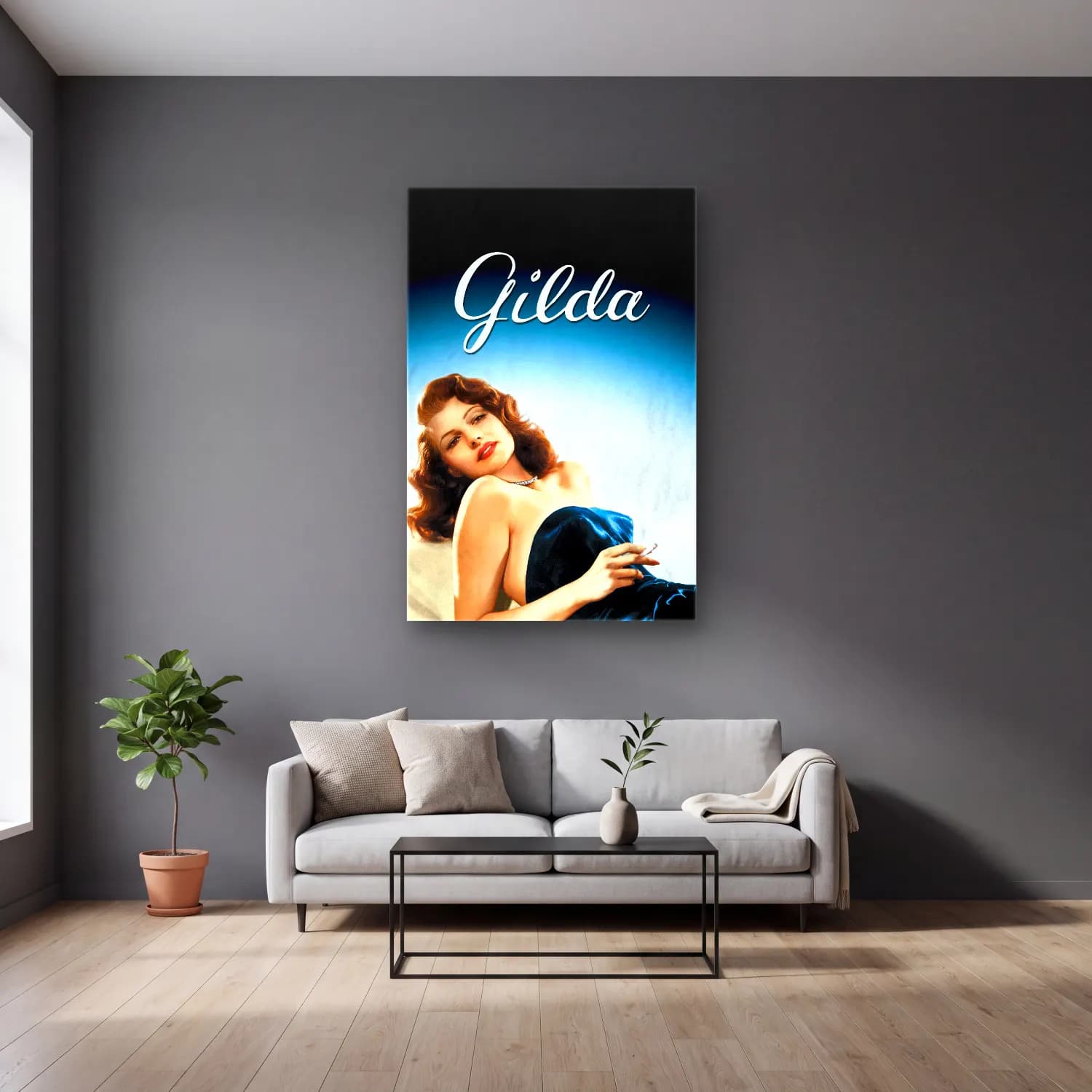 Vintage Poster Elbiseli Kadın No. 43 cam tablo — gri duvarlı salonda