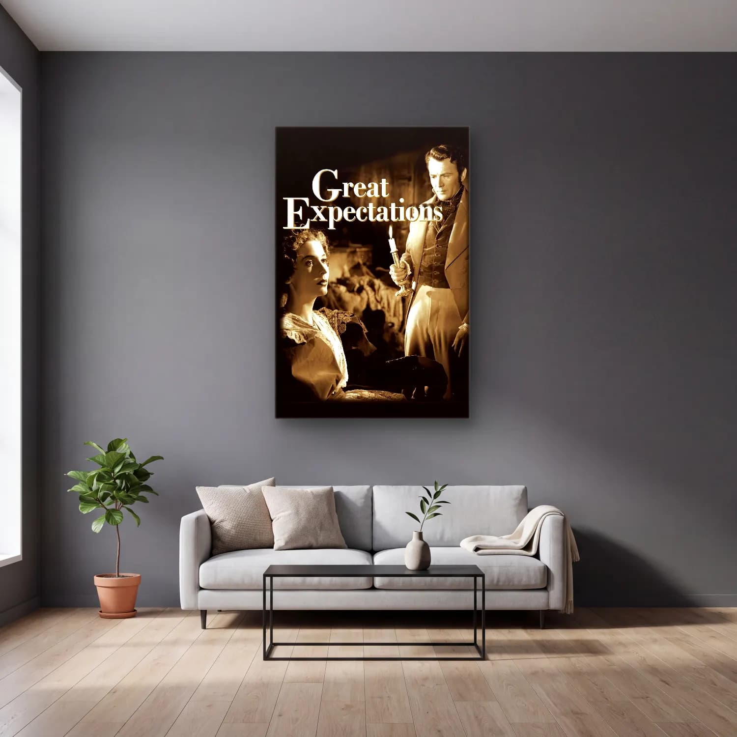 Vintage Poster Yazılı Tasarım No. 75 cam tablo — gri duvarlı salonda