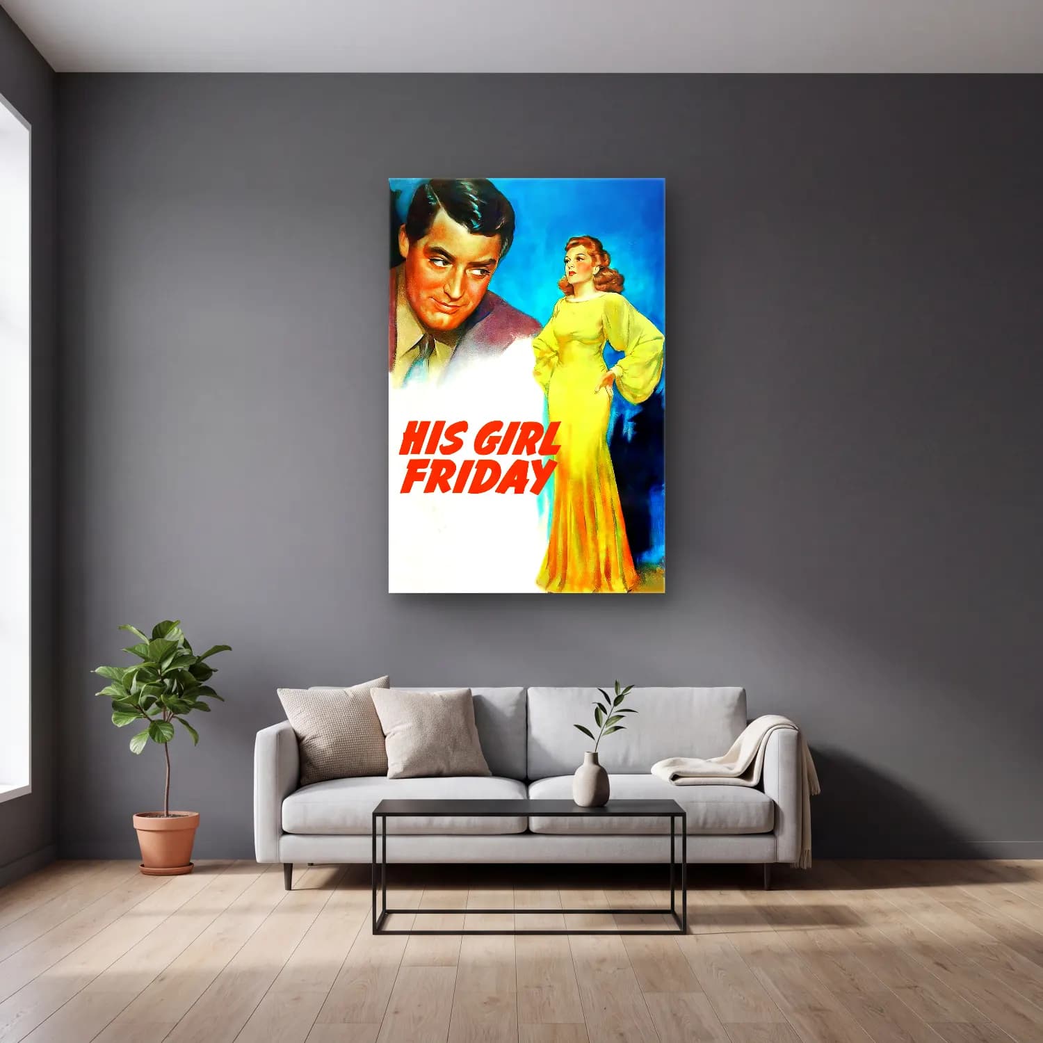 Vintage Poster Elbiseli Kadın No. 44 cam tablo — gri duvarlı salonda