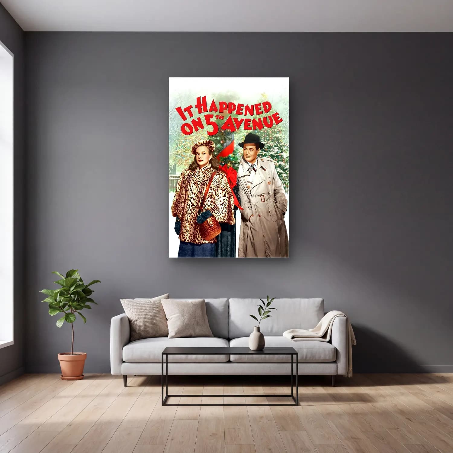 Vintage Poster Kalabalık Cadde No. 9 cam tablo — gri duvarlı salonda