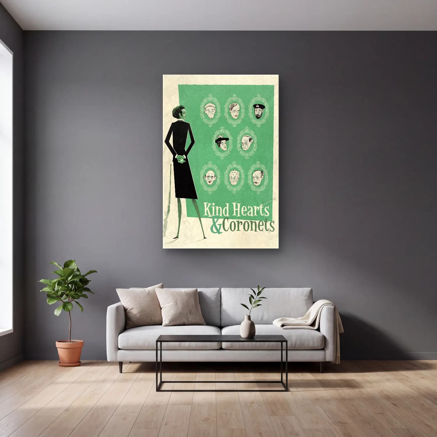 Vintage Poster Şapkalı Kadın No. 20 cam tablo — gri duvarlı salonda