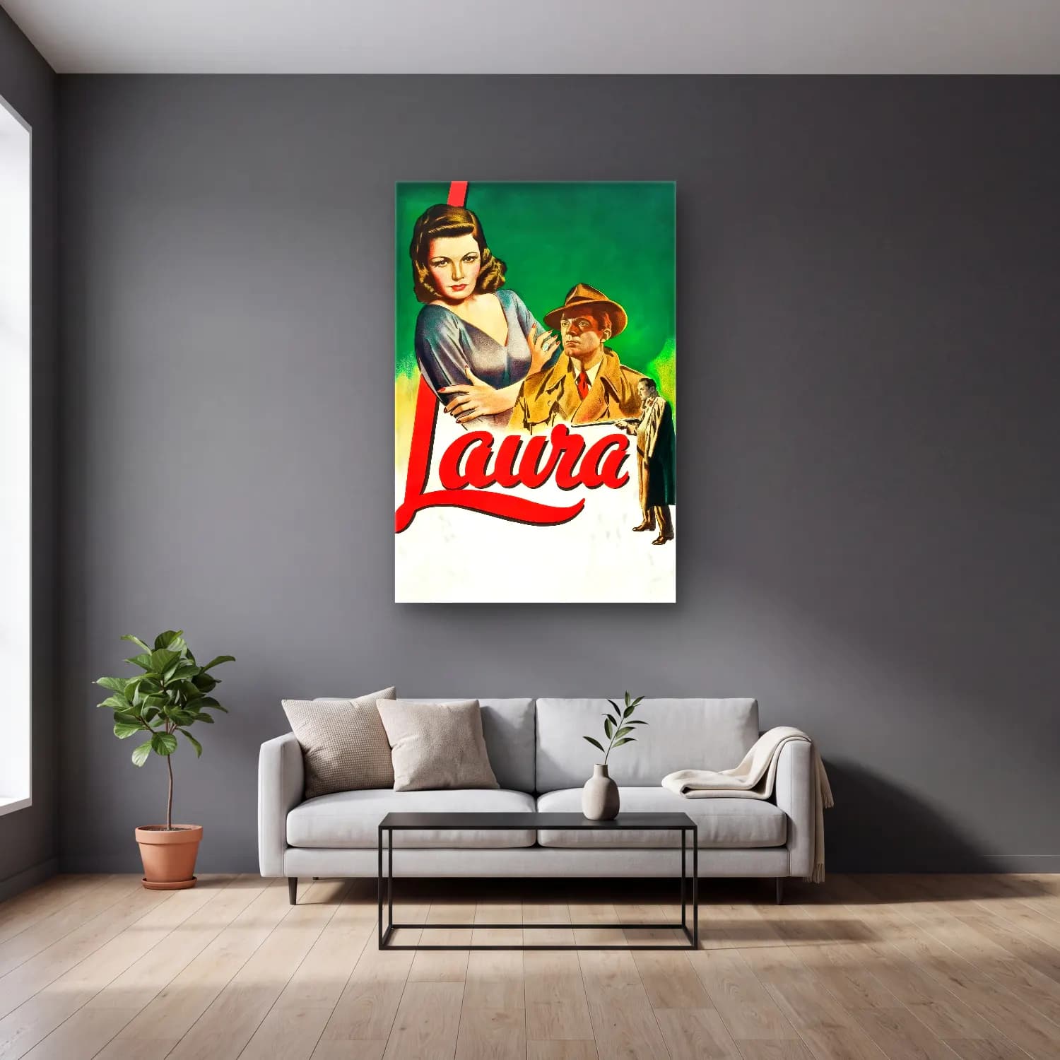 Vintage Poster Şapkalı Kadın No. 21 cam tablo — gri duvarlı salonda