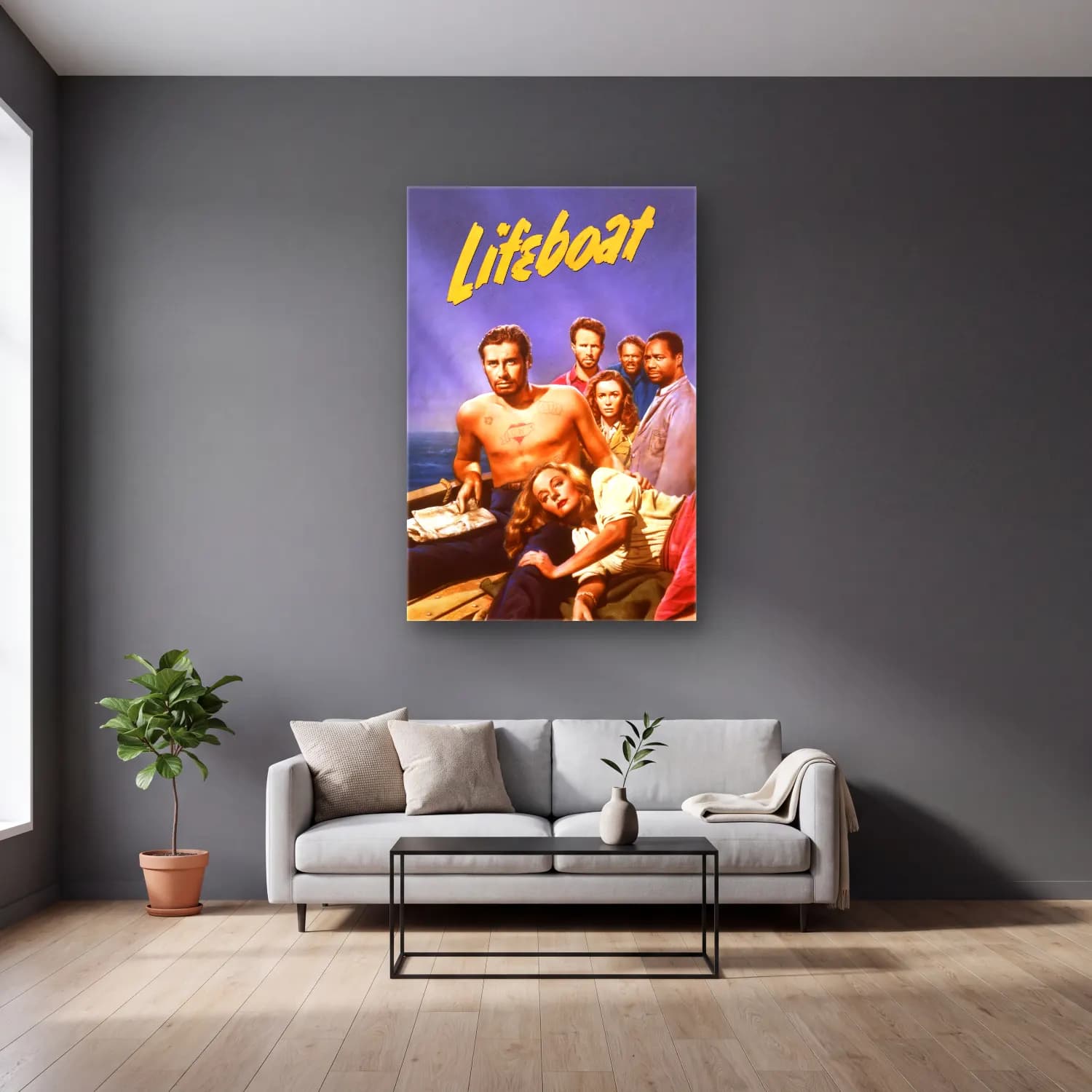 Vintage Poster Sahilde İnsanlar No. 7 cam tablo — gri duvarlı salonda