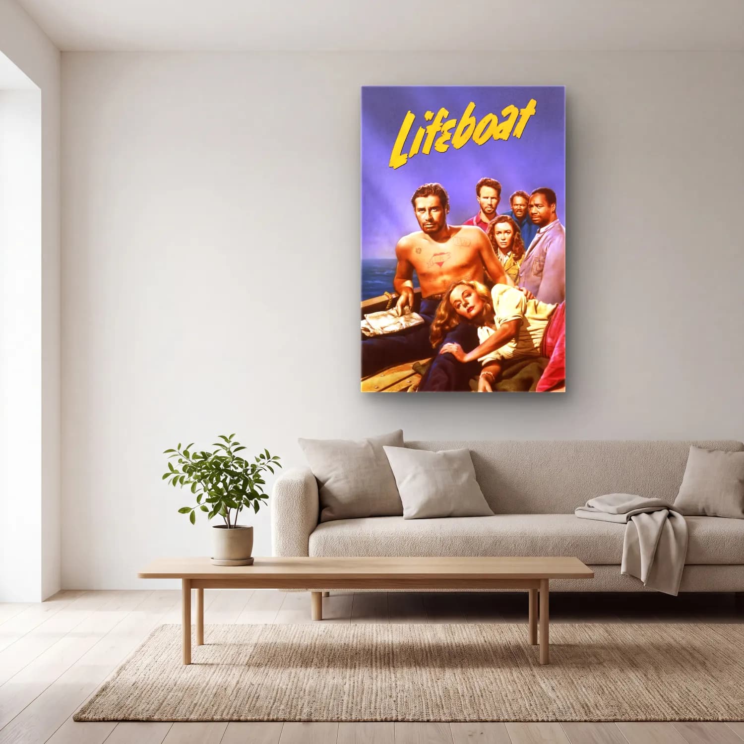 Vintage Poster Sahilde İnsanlar No. 7 cam tablo — açık renk salonda