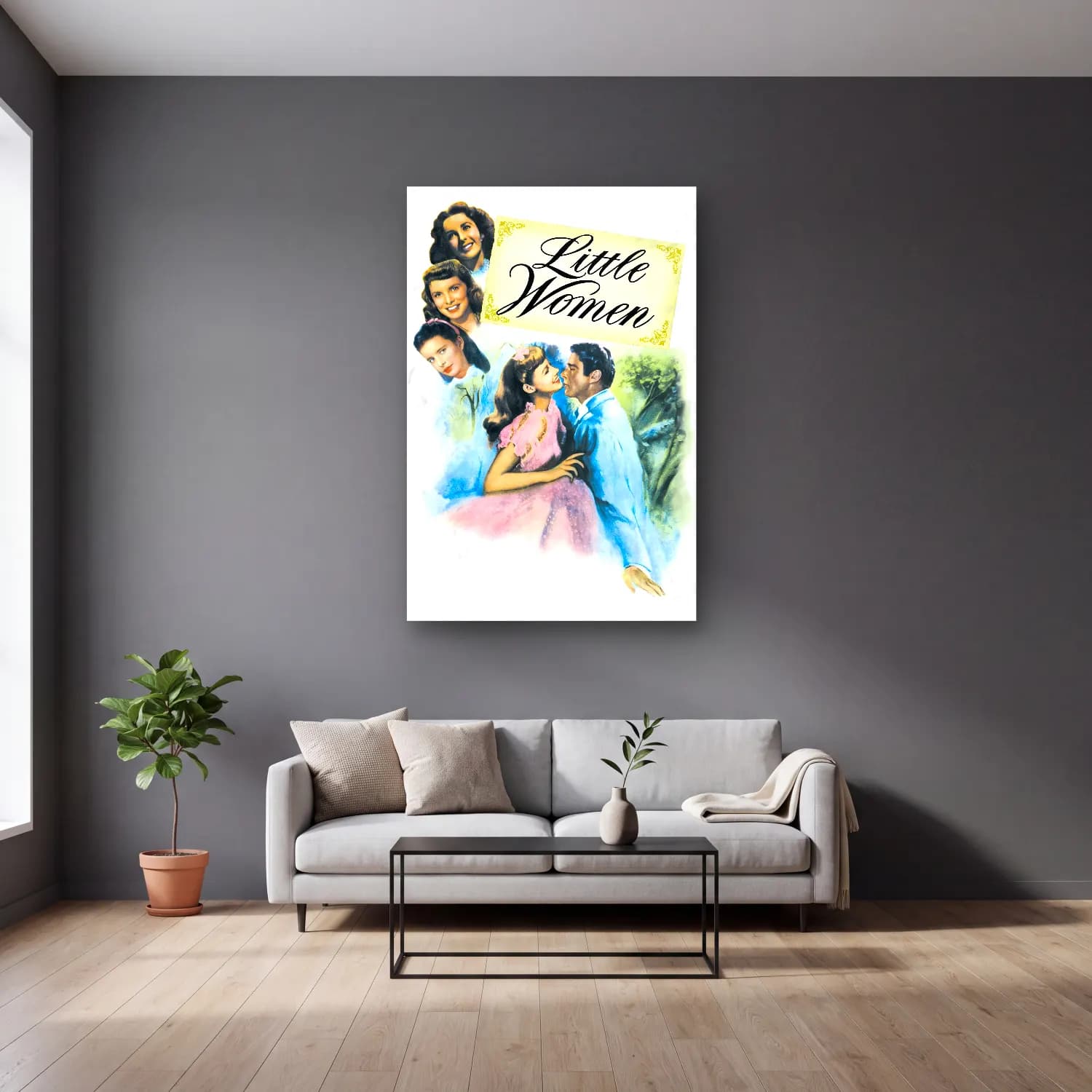 Vintage Poster Elbiseli Kadın No. 45 cam tablo — gri duvarlı salonda