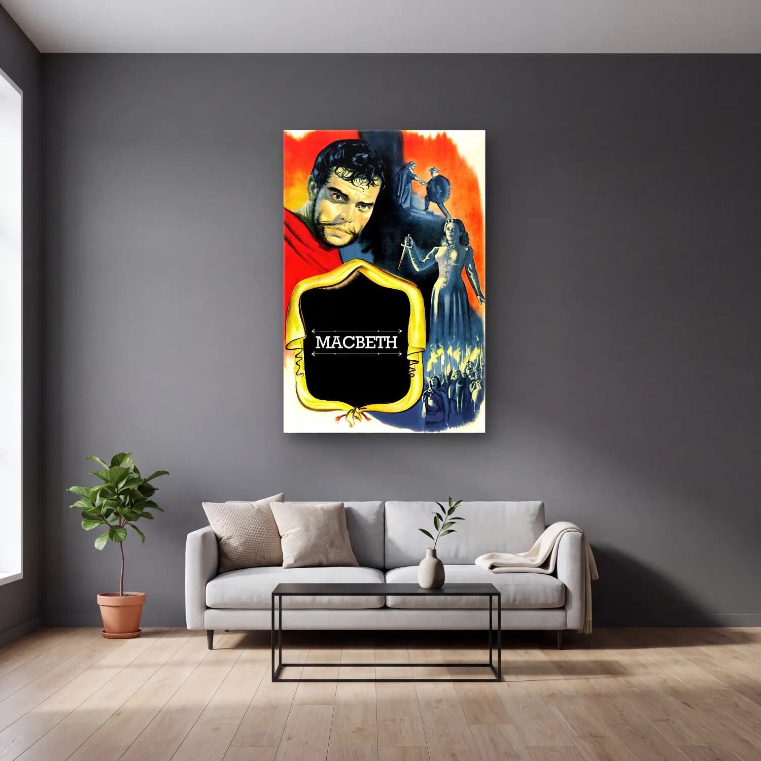 Vintage Poster Şövalye – Kırmızı Tonlar cam tablo — gri duvarlı salonda