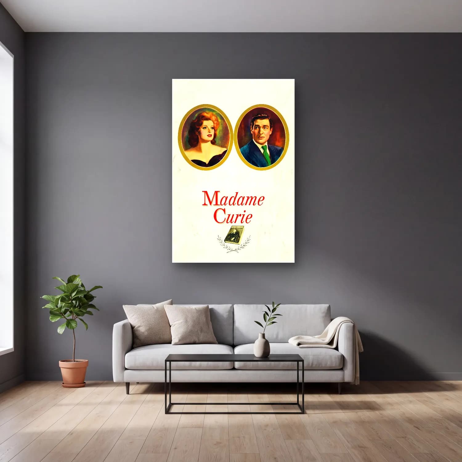 Vintage Poster Kitap Okuyan Kadın No. 19 cam tablo — gri duvarlı salonda