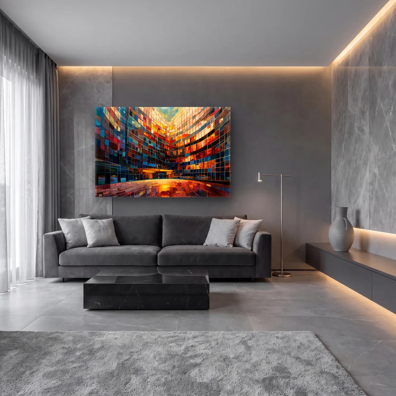 Modern Soyut Gece Şehir cam tablo — lüks salon duvarında