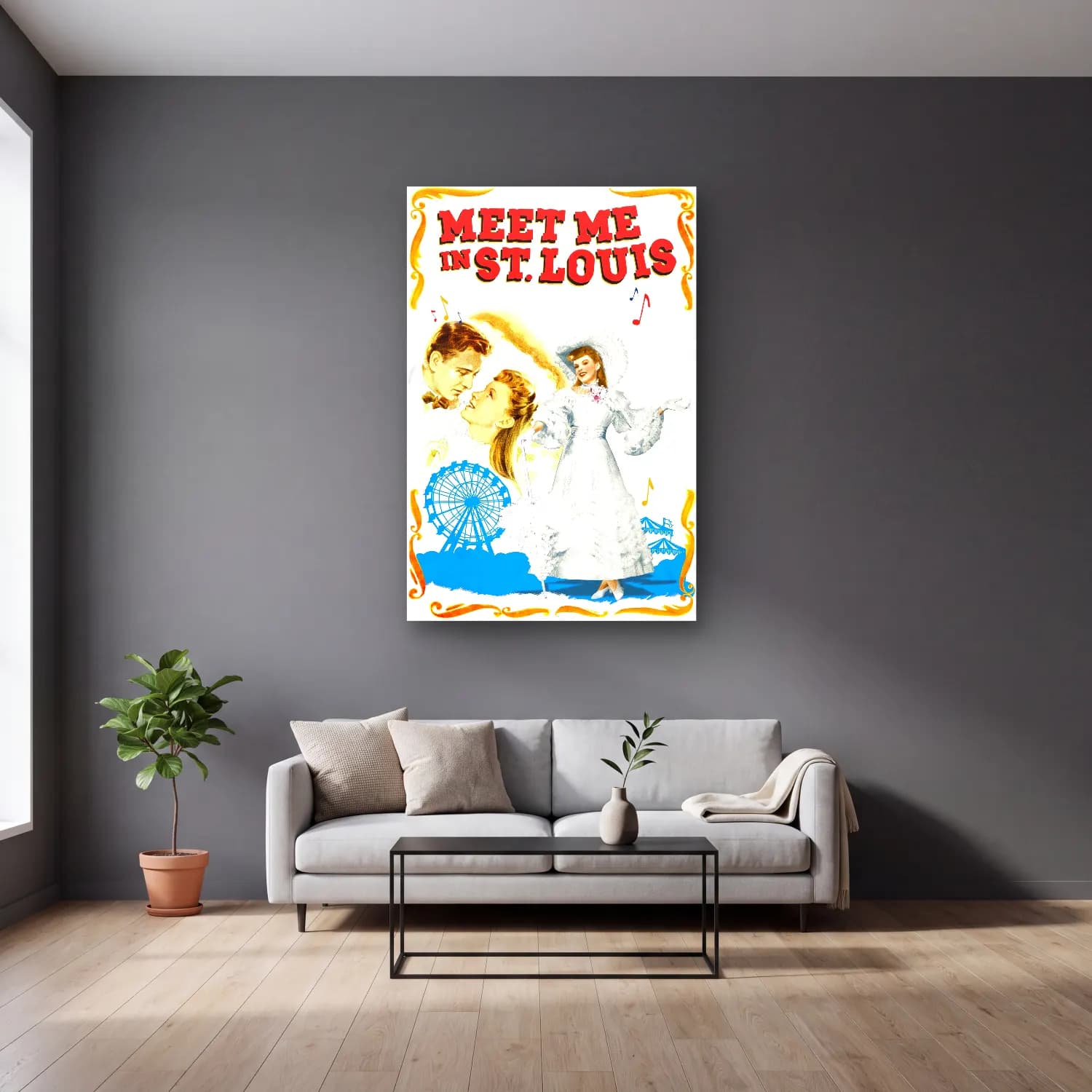 Vintage Poster Elbiseli Kadın No. 46 cam tablo — gri duvarlı salonda