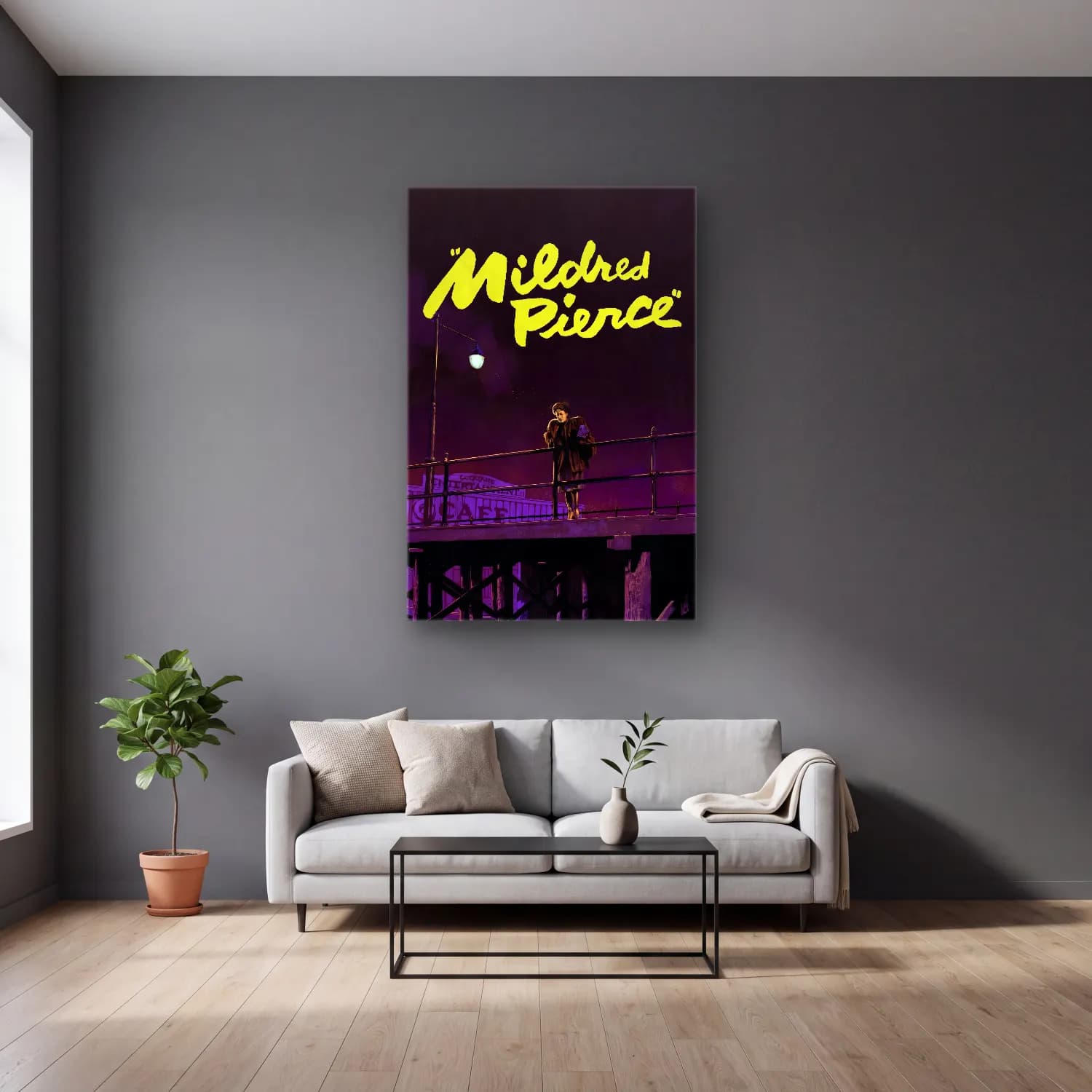 Vintage Poster Elbiseli Kadın No. 47 cam tablo — gri duvarlı salonda