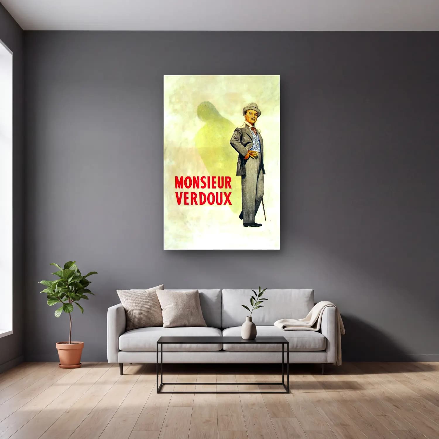 Vintage Poster Erkek Portresi No. 25 cam tablo — gri duvarlı salonda