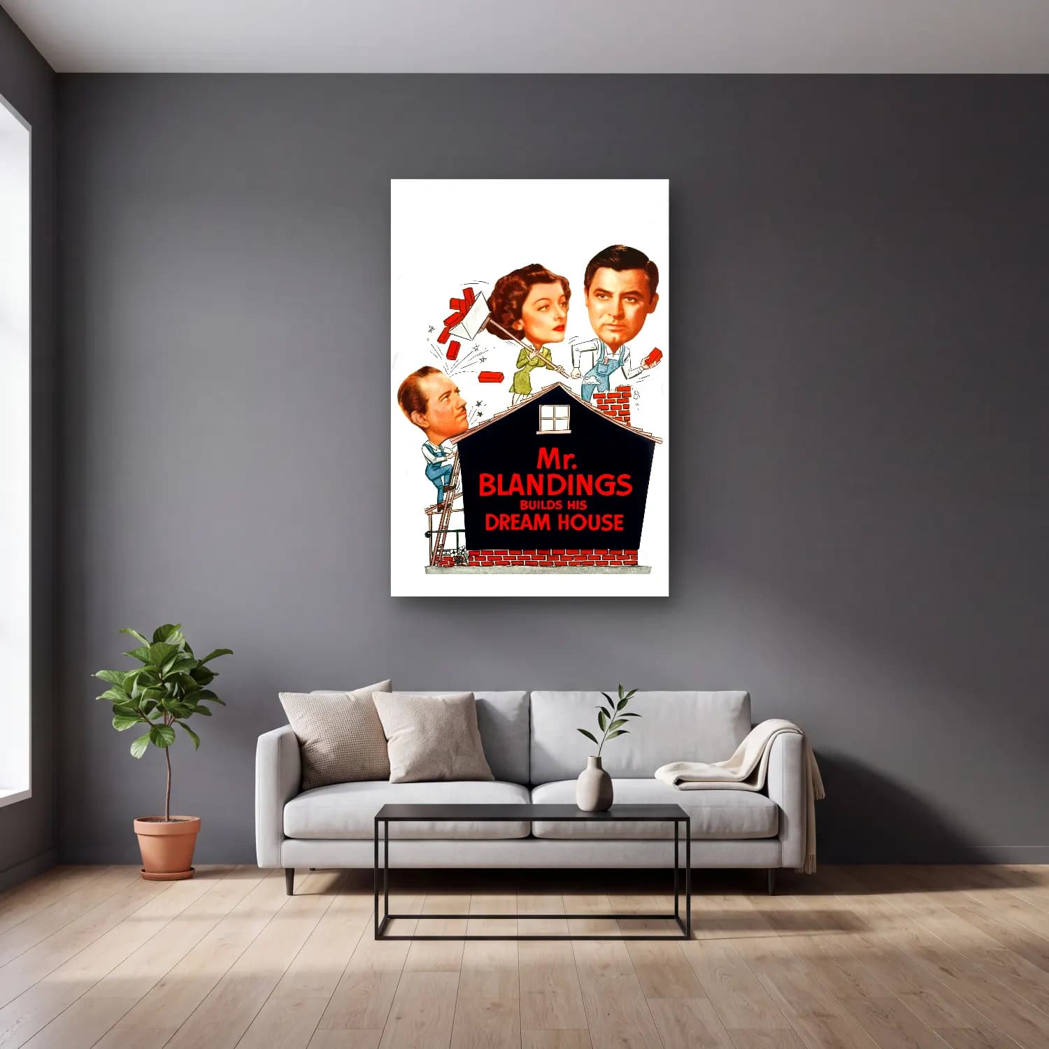 Vintage Poster Kır Evi – Turuncu Tonlar cam tablo — gri duvarlı salonda
