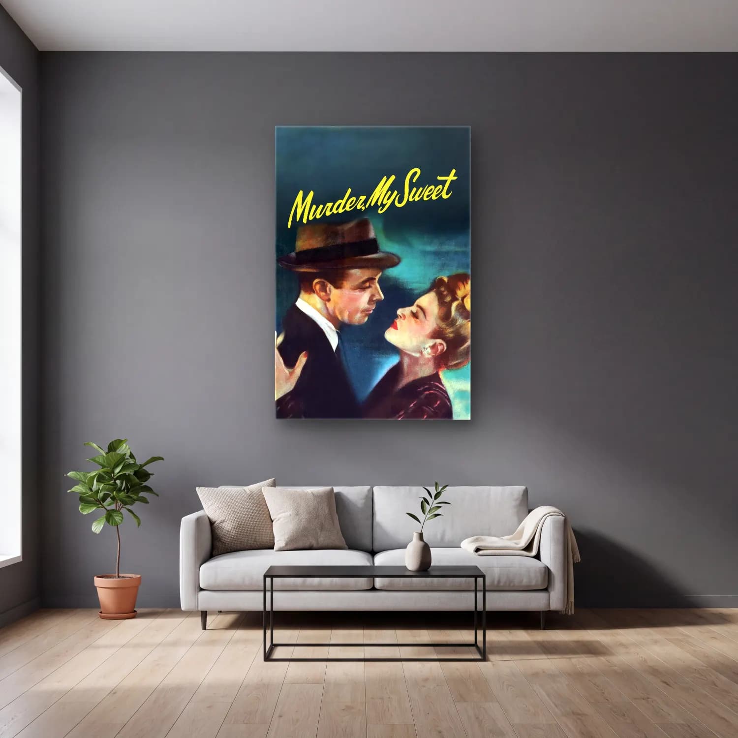 Vintage Poster Aşıklar No. 43 cam tablo — gri duvarlı salonda