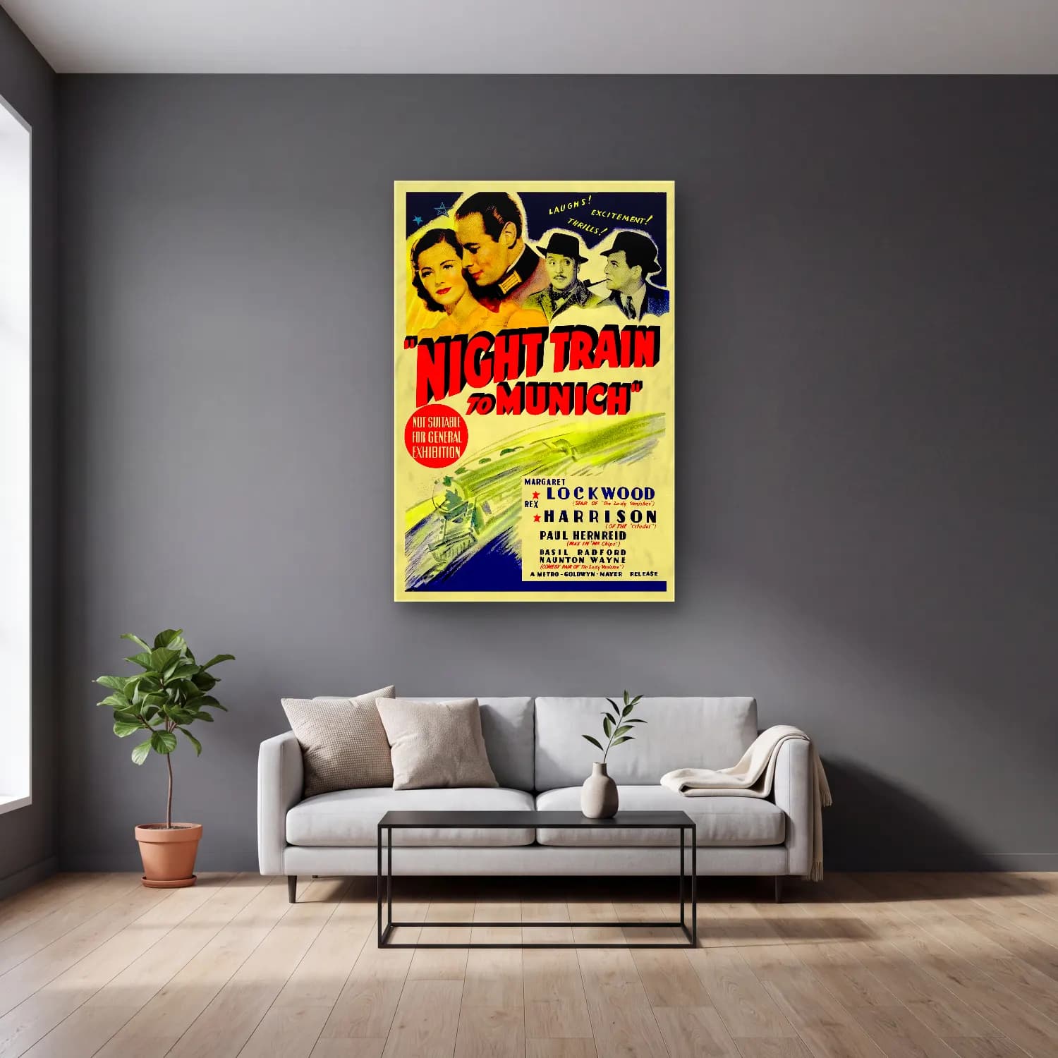 Vintage Poster Tren No. 4 cam tablo — gri duvarlı salonda