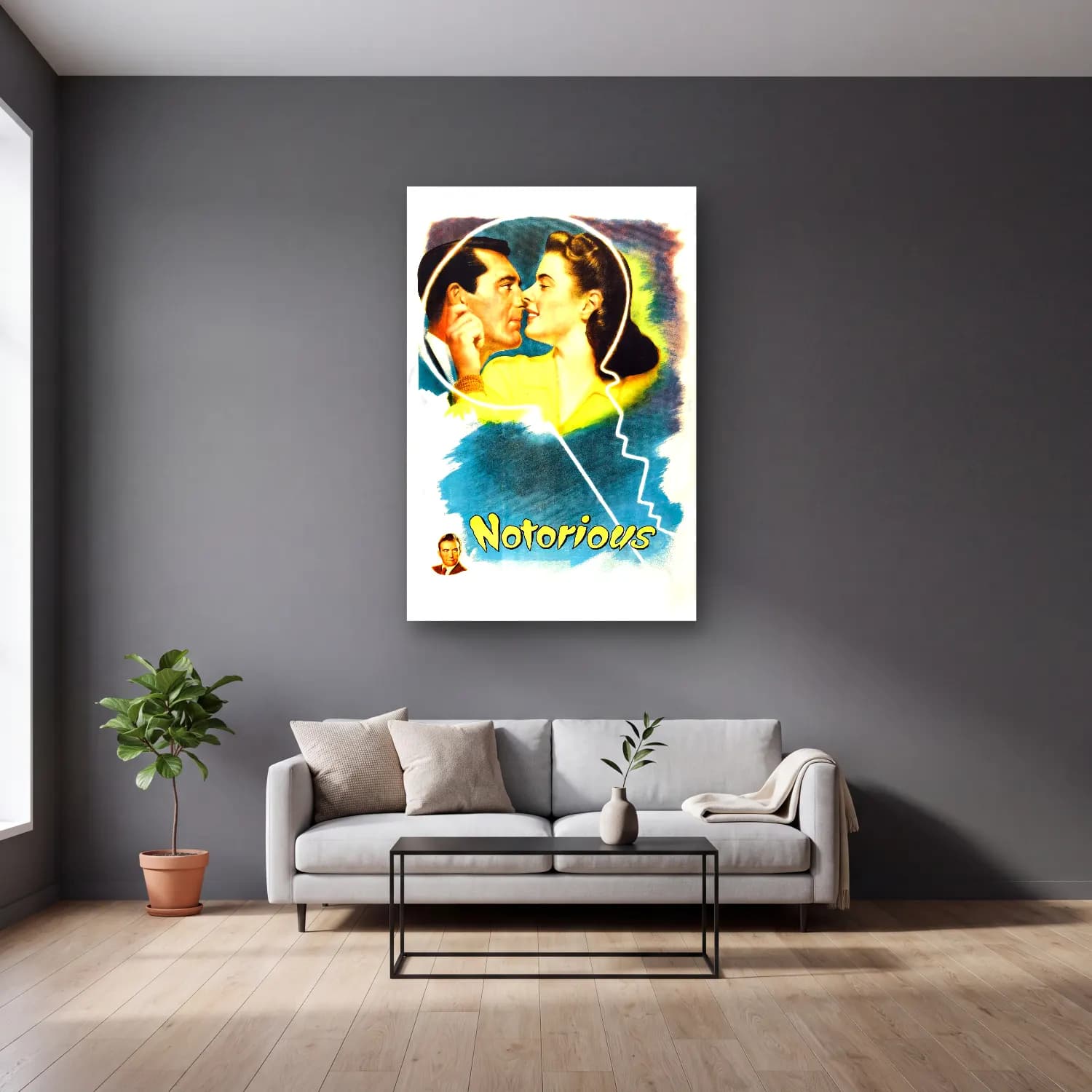 Vintage Poster Aşıklar No. 44 cam tablo — gri duvarlı salonda