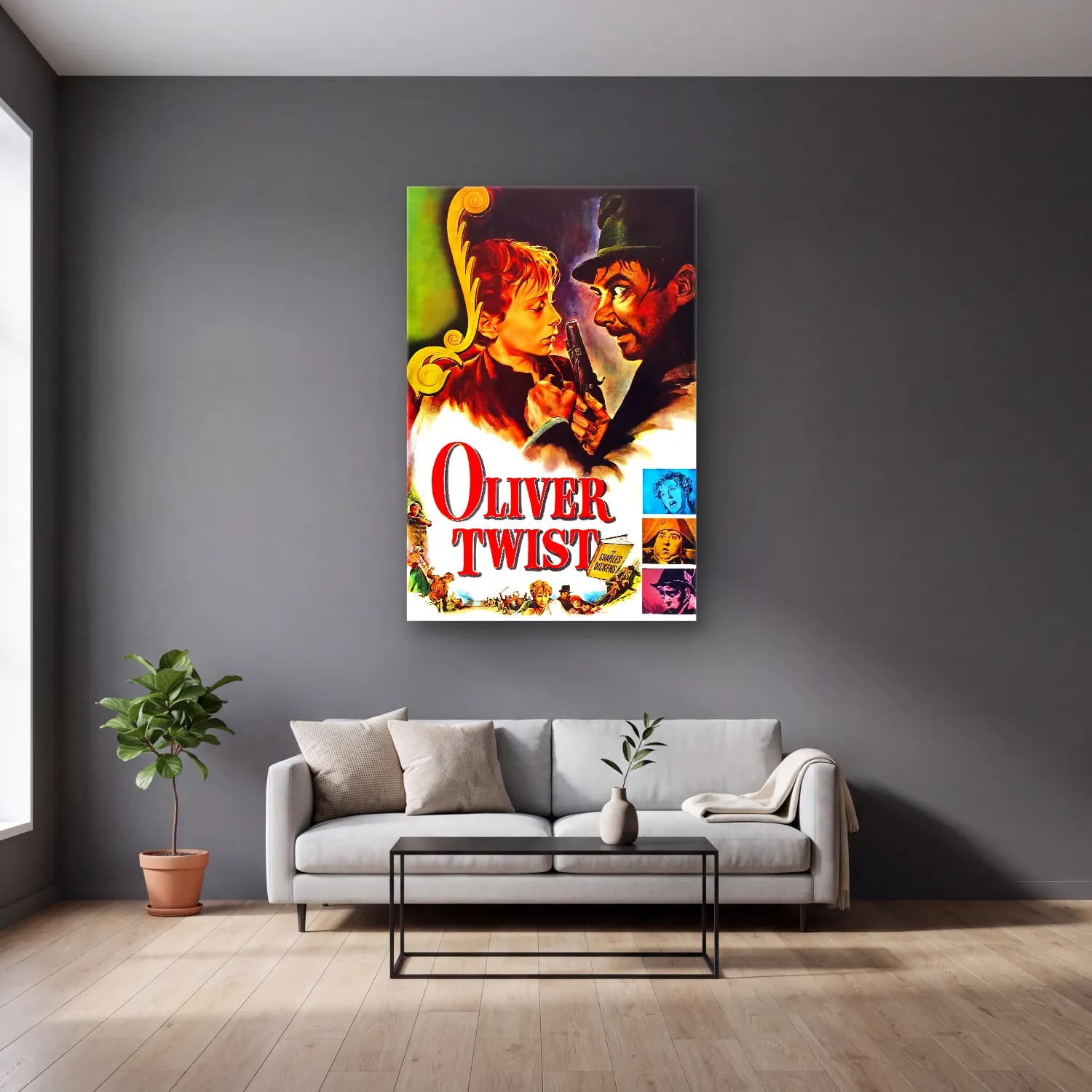 Vintage Poster Zeytin Dalı – Sarı Tonlar cam tablo — gri duvarlı salonda