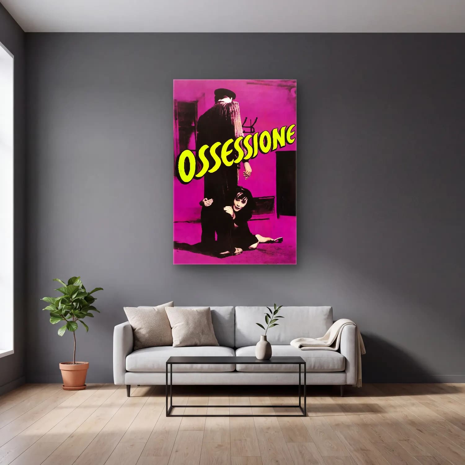 Vintage Poster Elbiseli Kadın No. 48 cam tablo — gri duvarlı salonda