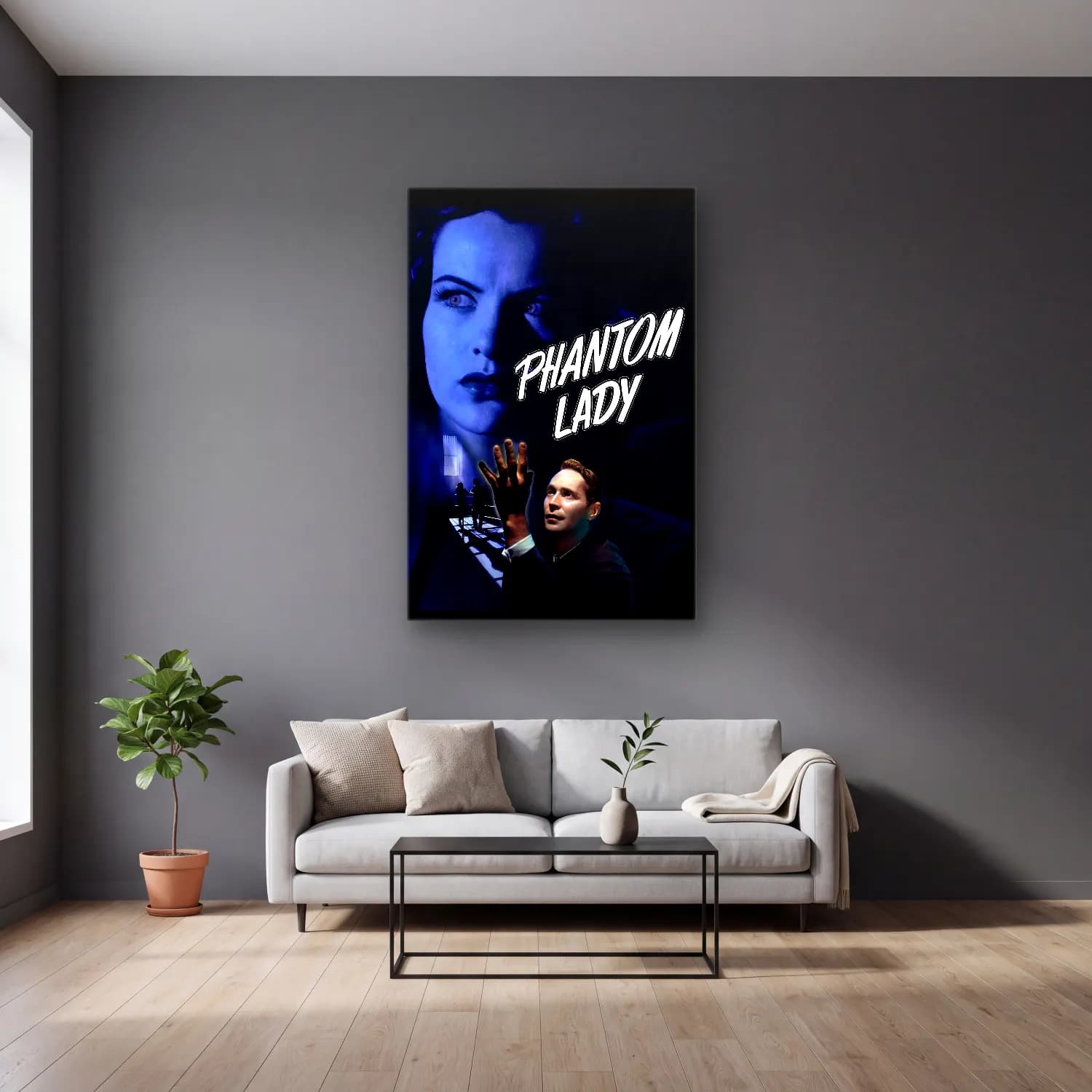 Vintage Poster Kadın Portresi – Mor Tonlar cam tablo — gri duvarlı salonda