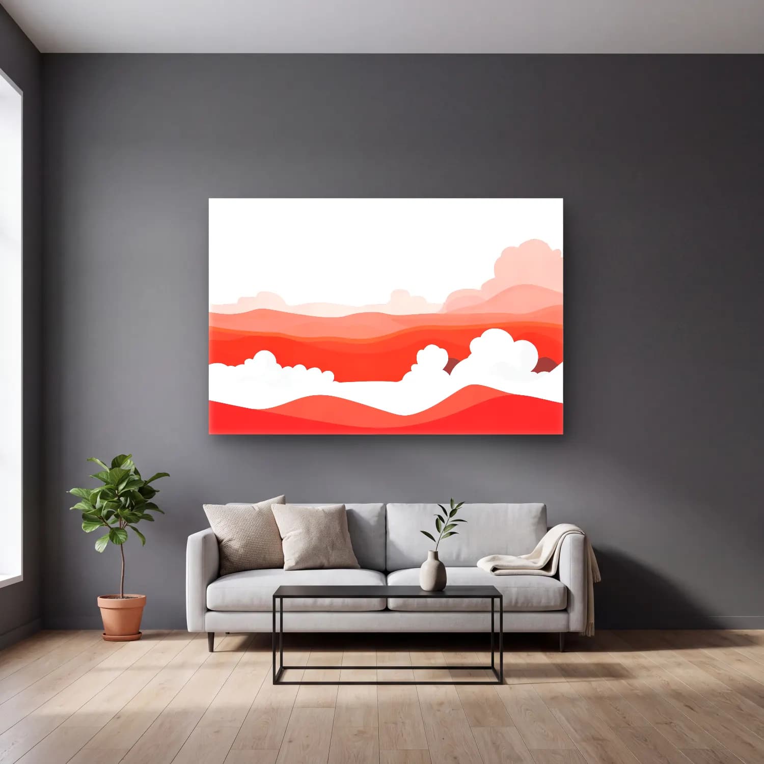 Simple Drawing – Indian Red No. 14 cam tablo — gri duvarlı salonda