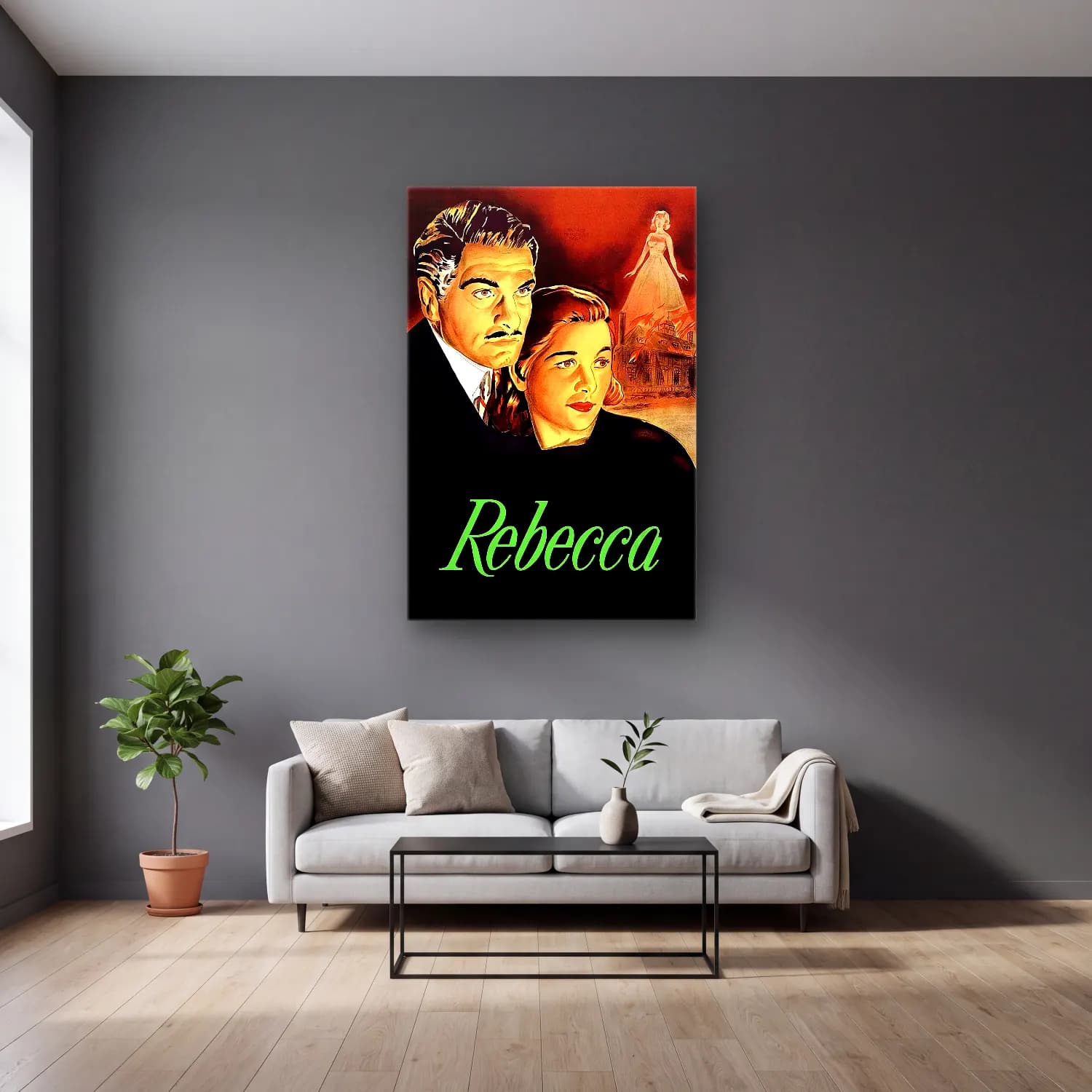 Vintage Poster Kadın Portresi No. 37 cam tablo — gri duvarlı salonda