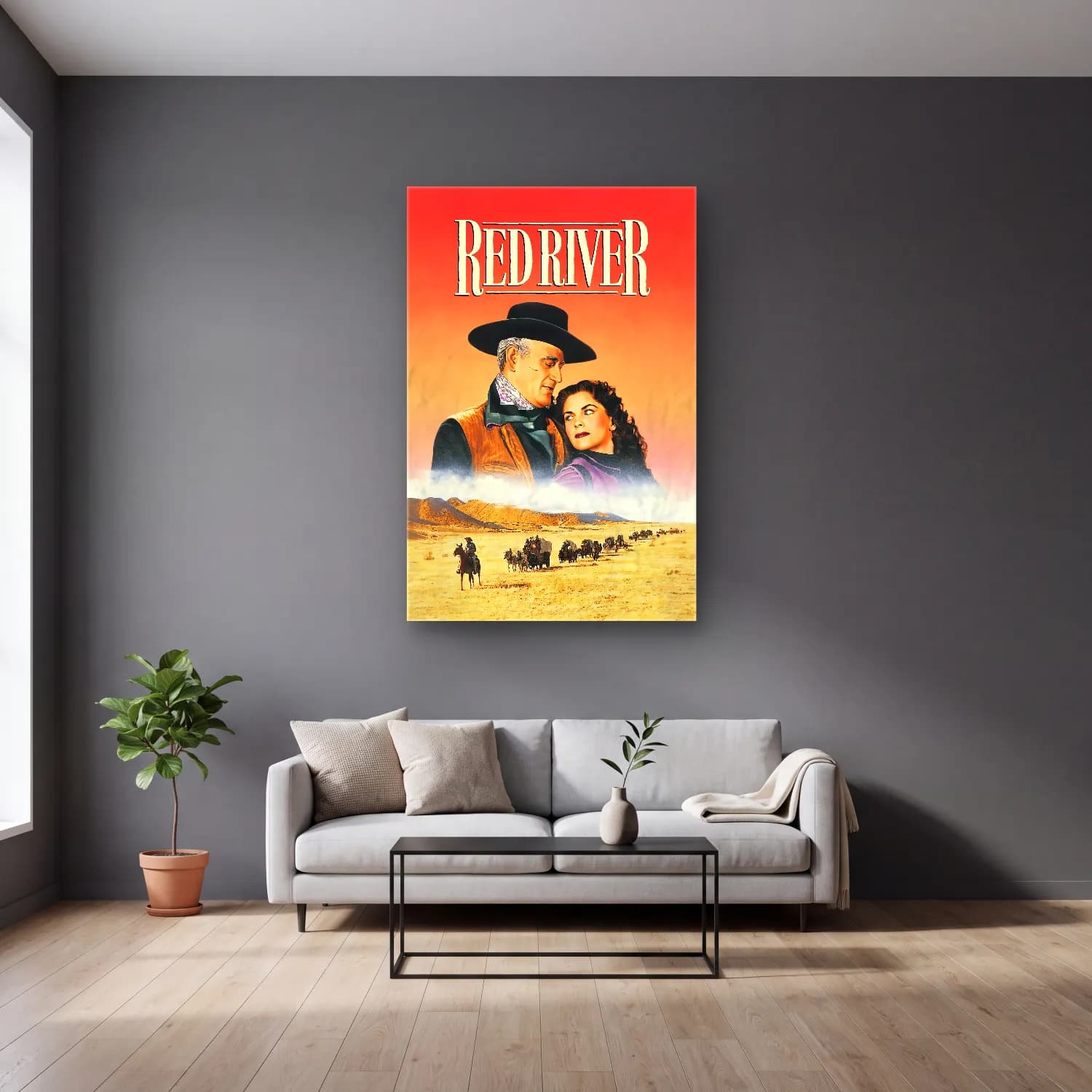 Vintage Poster Kırda Nehir cam tablo — gri duvarlı salonda