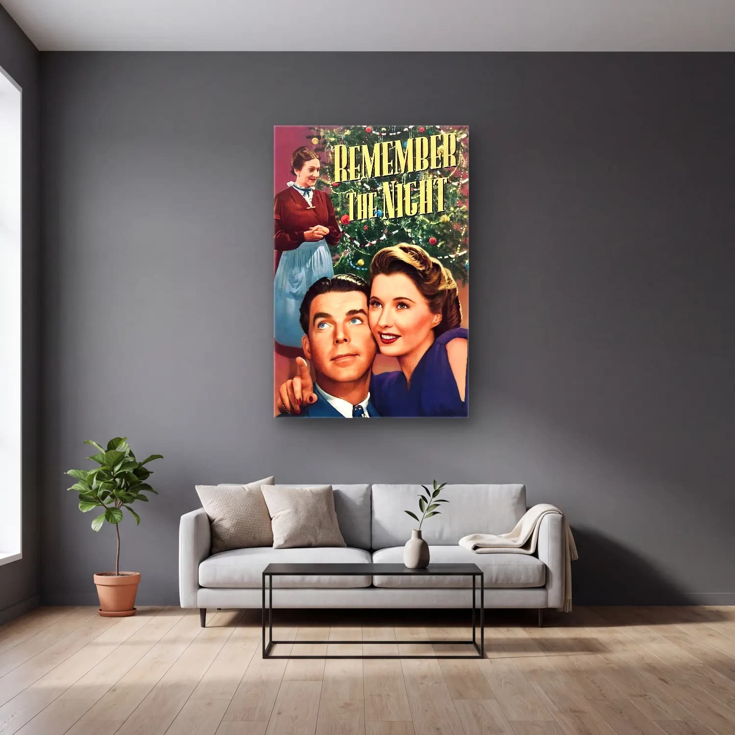 Vintage Poster Yılbaşı Ağacı – Siyah Beyaz Tonlar cam tablo — gri duvarlı salonda