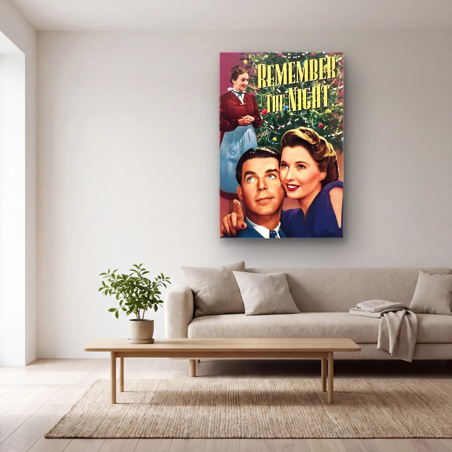 Vintage Poster Yılbaşı Ağacı – Siyah Beyaz Tonlar cam tablo — açık renk salonda