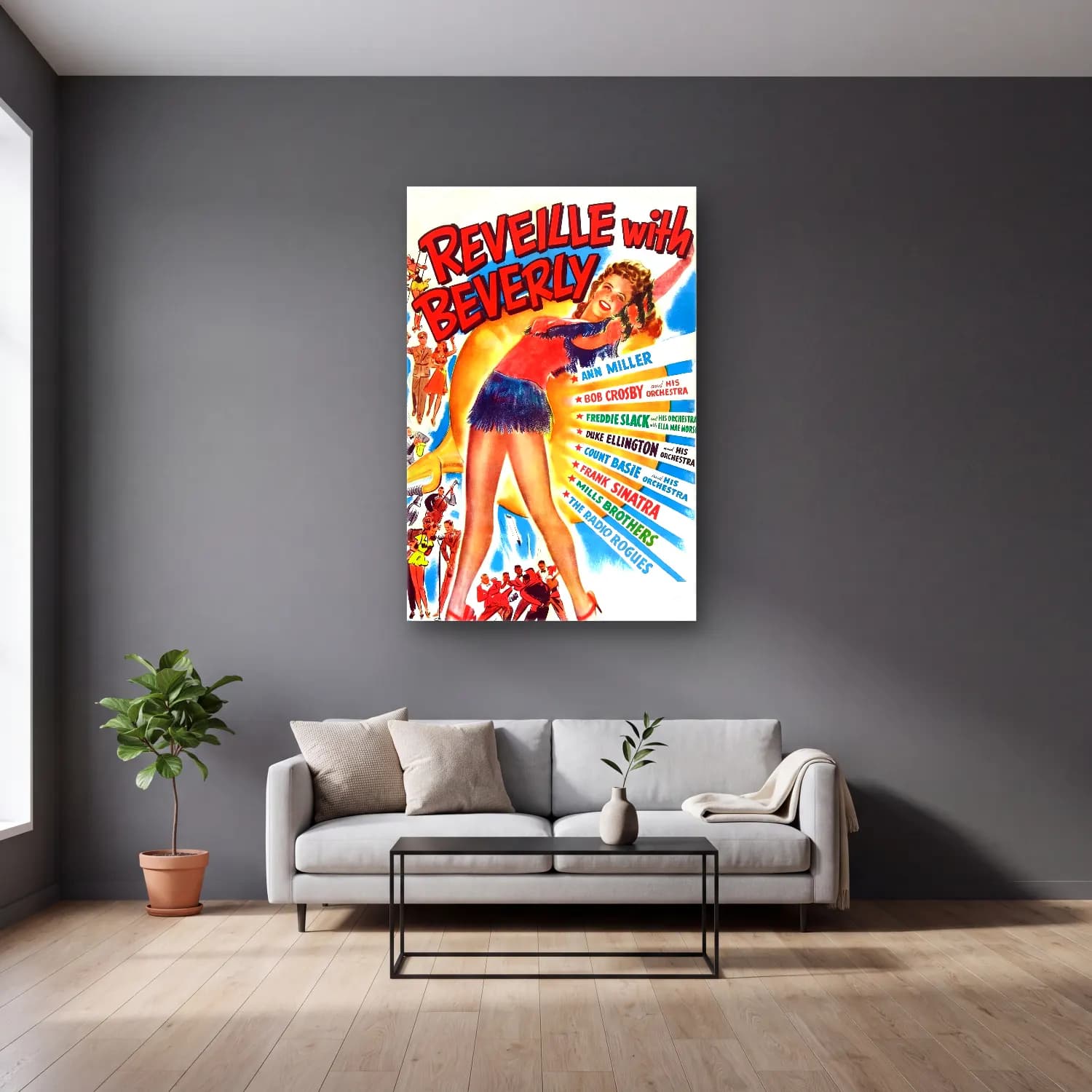 Vintage Poster Venedik Kanalları – Kırmızı Tonlar cam tablo — gri duvarlı salonda