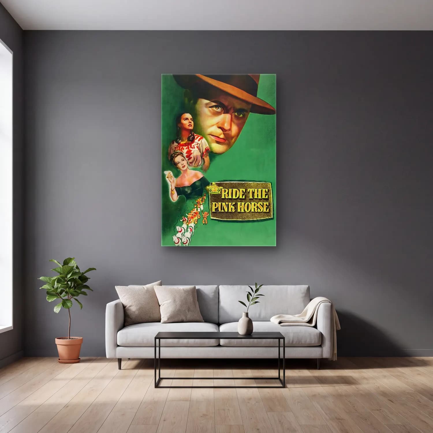 Vintage Poster Atlı No. 8 cam tablo — gri duvarlı salonda