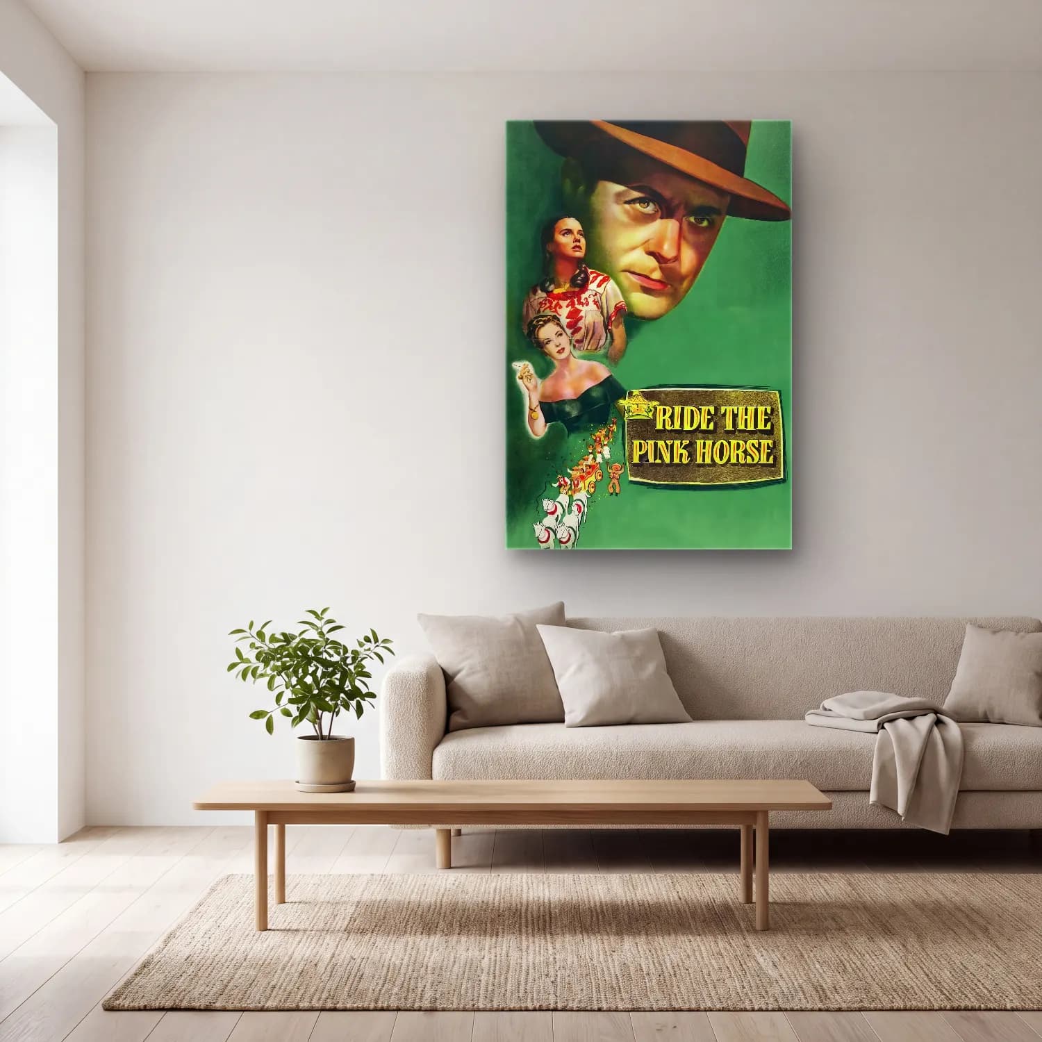 Vintage Poster Atlı No. 8 cam tablo — açık renk salonda