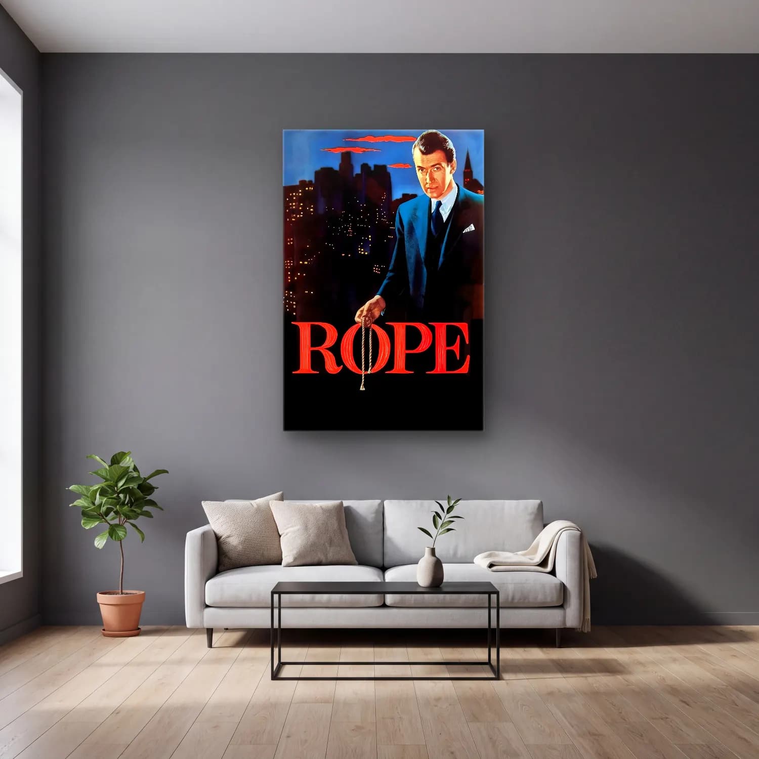 Vintage Poster Erkek Portresi – Mor Tonlar cam tablo — gri duvarlı salonda