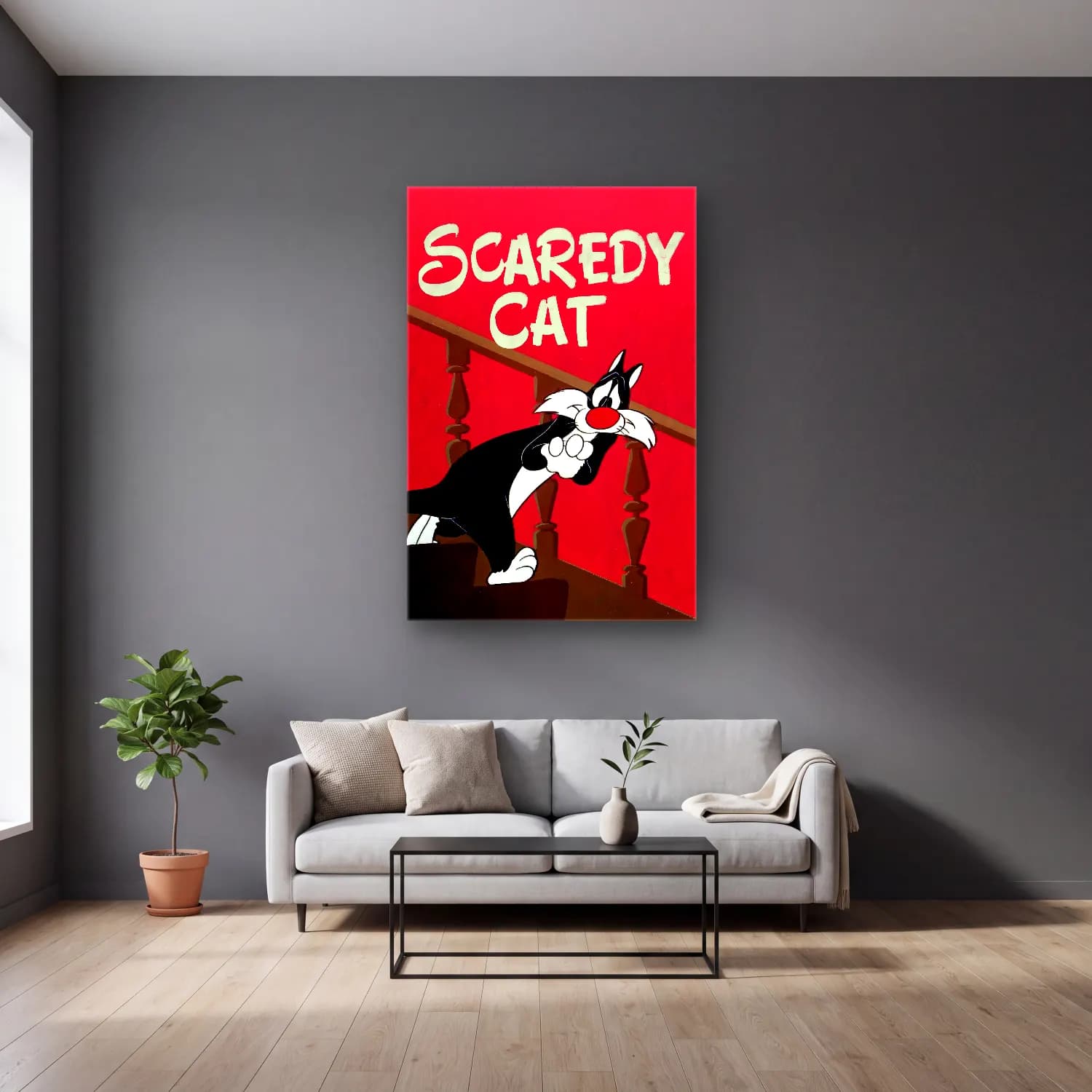 Vintage Poster Kedi No. 10 cam tablo — gri duvarlı salonda