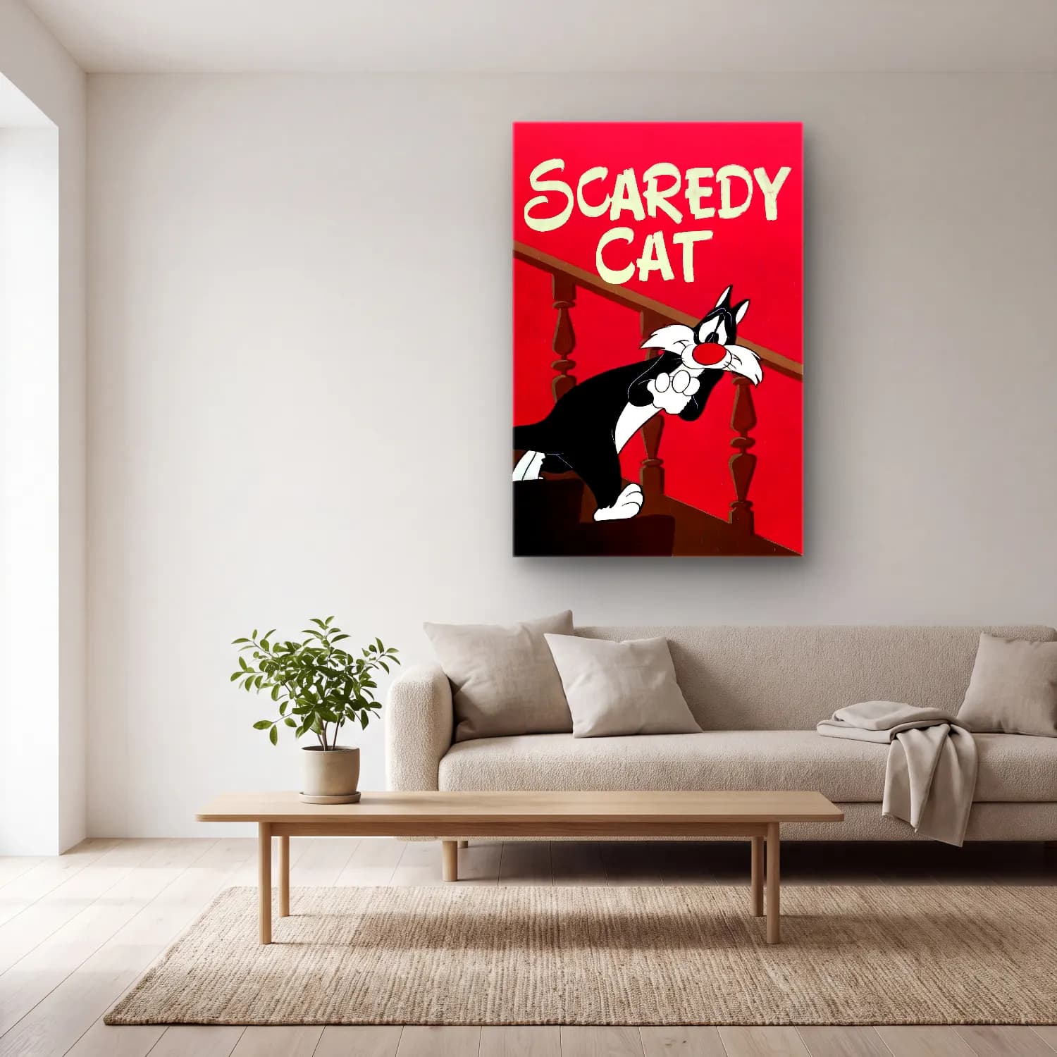 Vintage Poster Kedi No. 10 cam tablo — açık renk salonda
