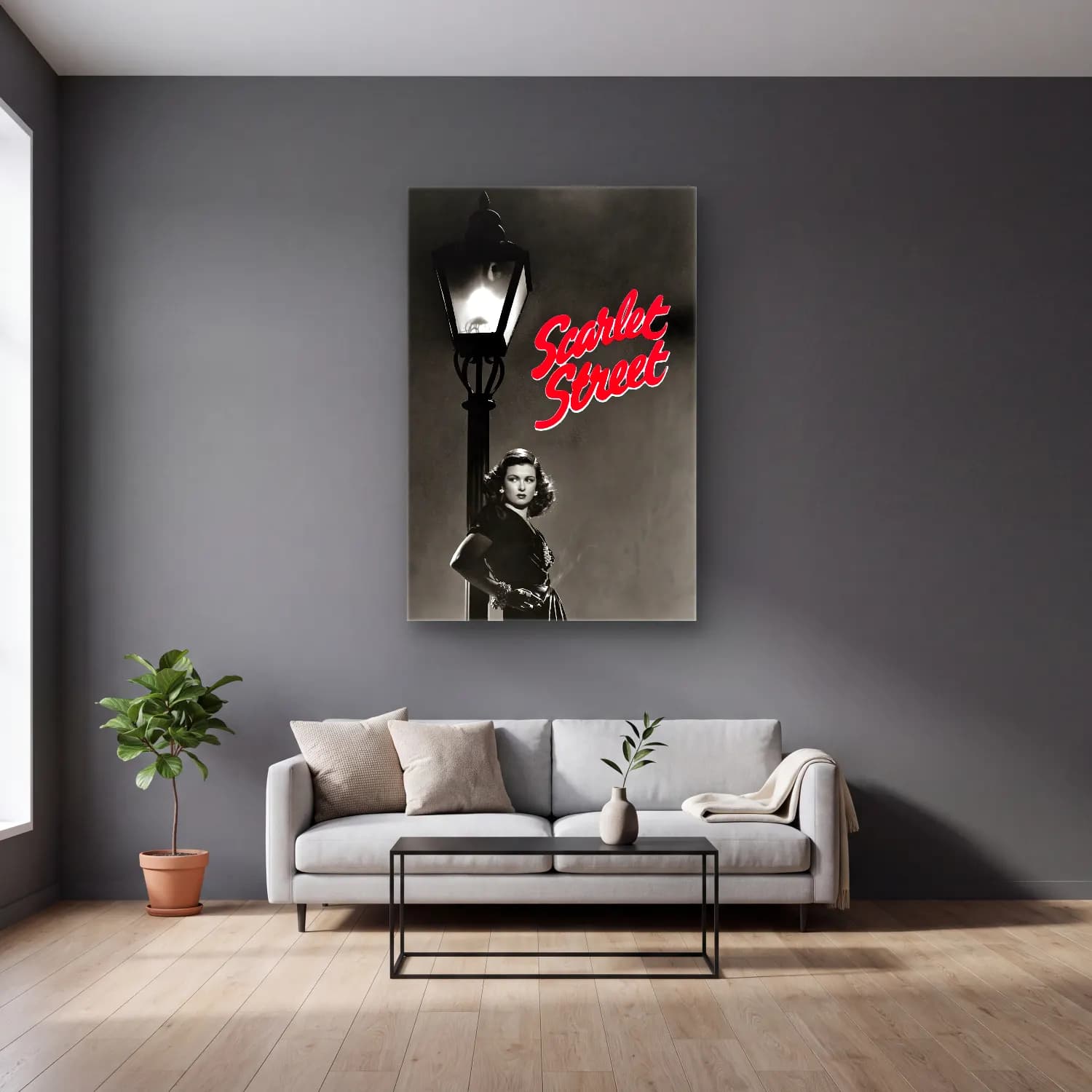 Vintage Poster Köy Sokağı – Kırmızı Tonlar cam tablo — gri duvarlı salonda