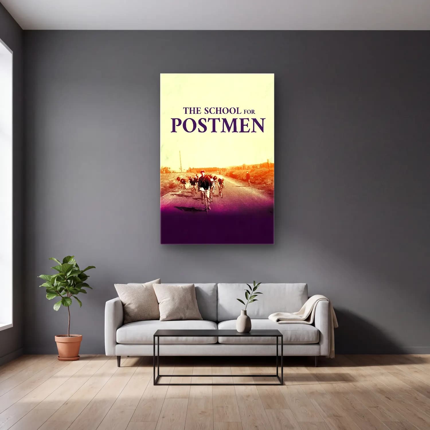 Vintage Poster Bisiklet – Sarı Tonlar cam tablo — gri duvarlı salonda
