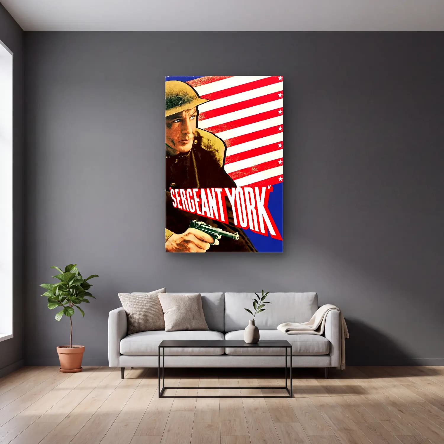 Vintage Poster Şövalye No. 12 cam tablo — gri duvarlı salonda