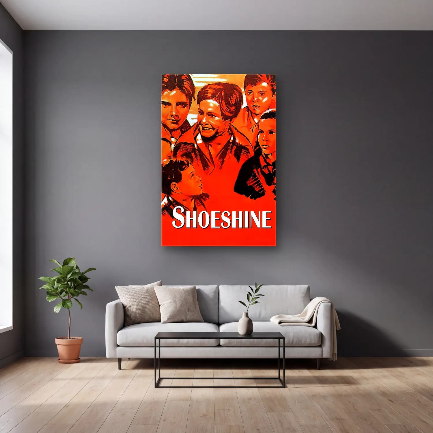 Vintage Poster Ayçiçekleri – Turuncu Tonlar cam tablo — gri duvarlı salonda