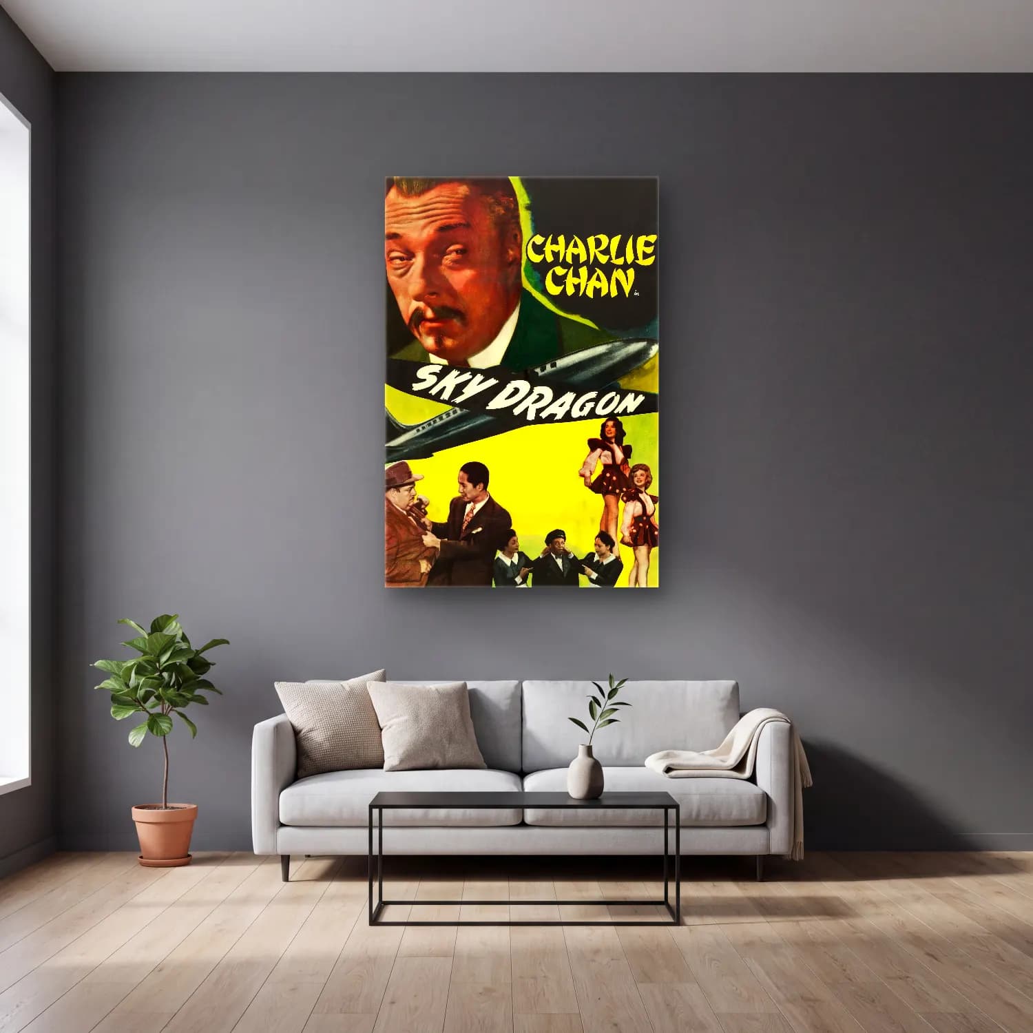 Vintage Poster Uçak No. 4 cam tablo — gri duvarlı salonda