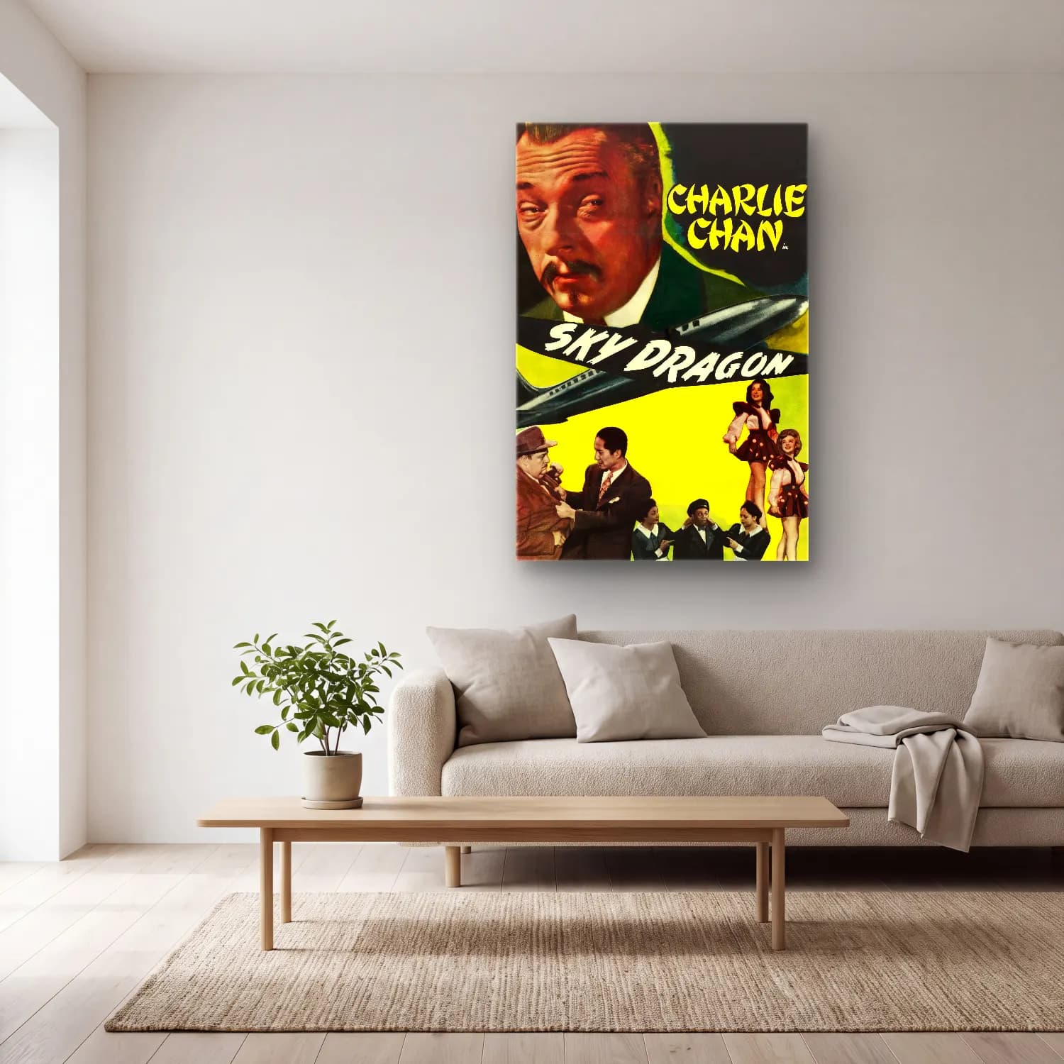Vintage Poster Uçak No. 4 cam tablo — açık renk salonda