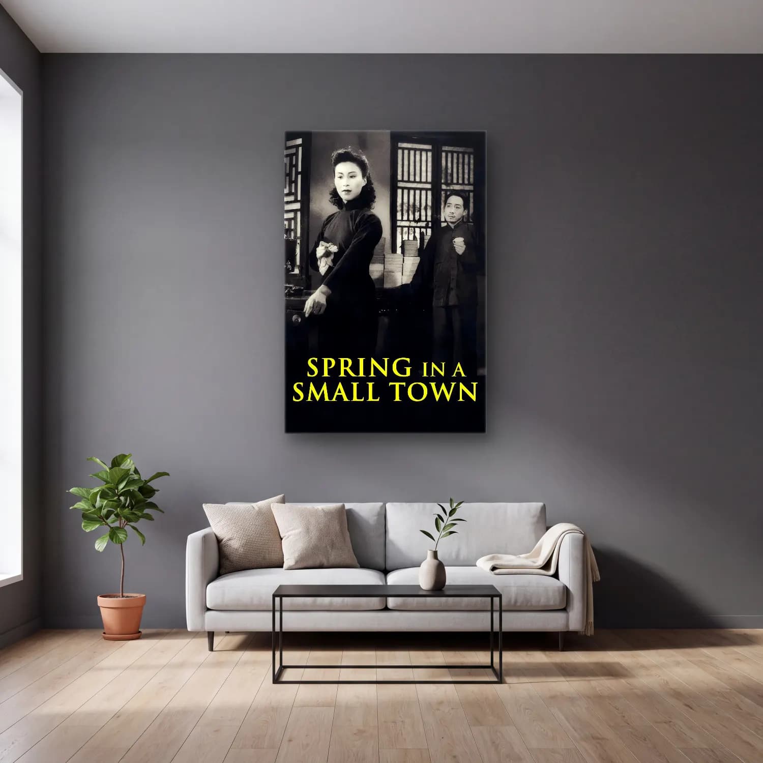 Vintage Poster Köy Sokağı – Siyah Beyaz Tonlar cam tablo — gri duvarlı salonda